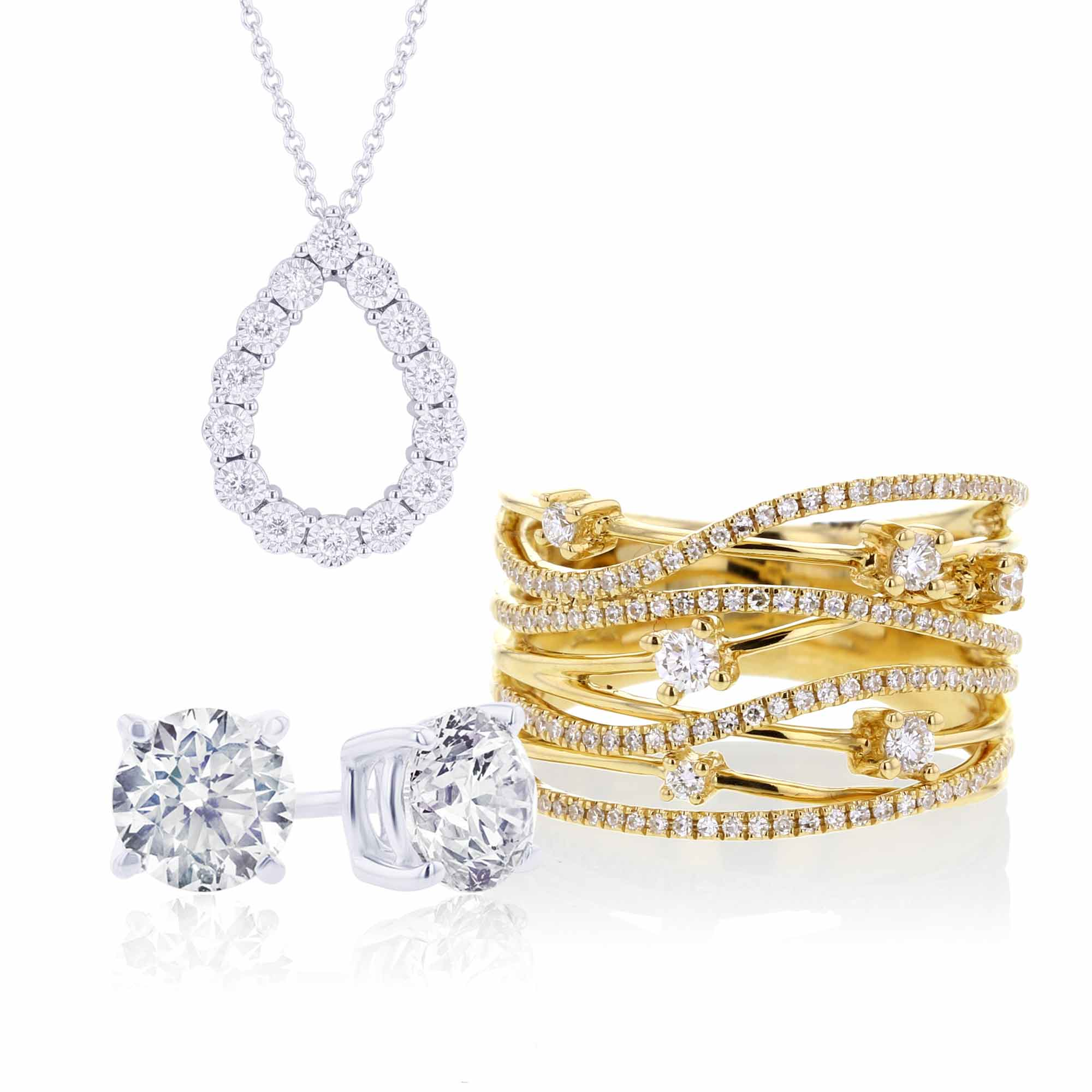 An image of feautred products in our Anniversary Collection including a teardrop diamond necklace, layered gold diamond right hand ring, diamond stud earrings and more.