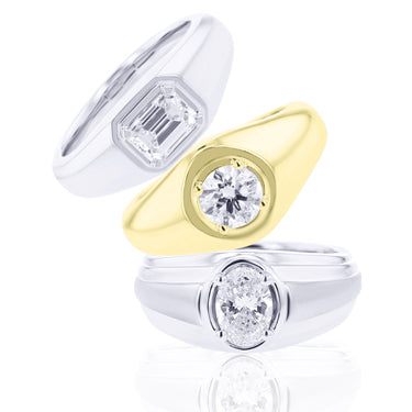 Three varietys of our ready for love rings one being yellow gold and two white gold.