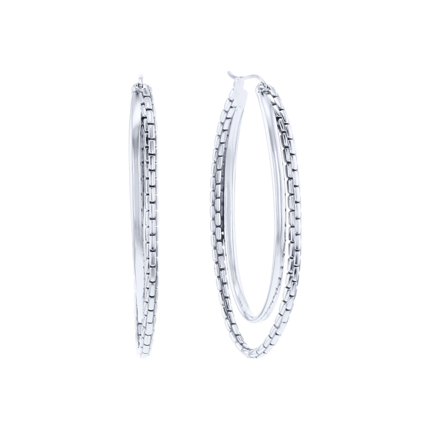 Silver Double Hoop Box Chain Earrings - Large