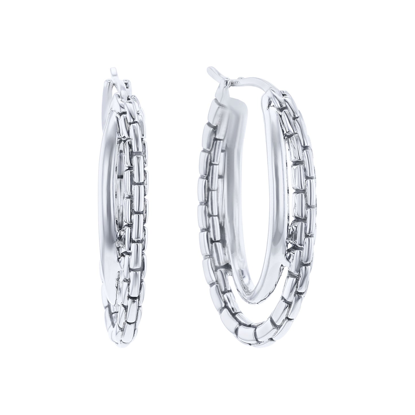 Silver Double Hoop Box Chain Earrings - Small