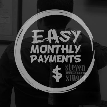 A backdrop of a customer leaving the store with a bag over his shoulder and in front is a moneysign logo with the words "Easy monthly payments" above.