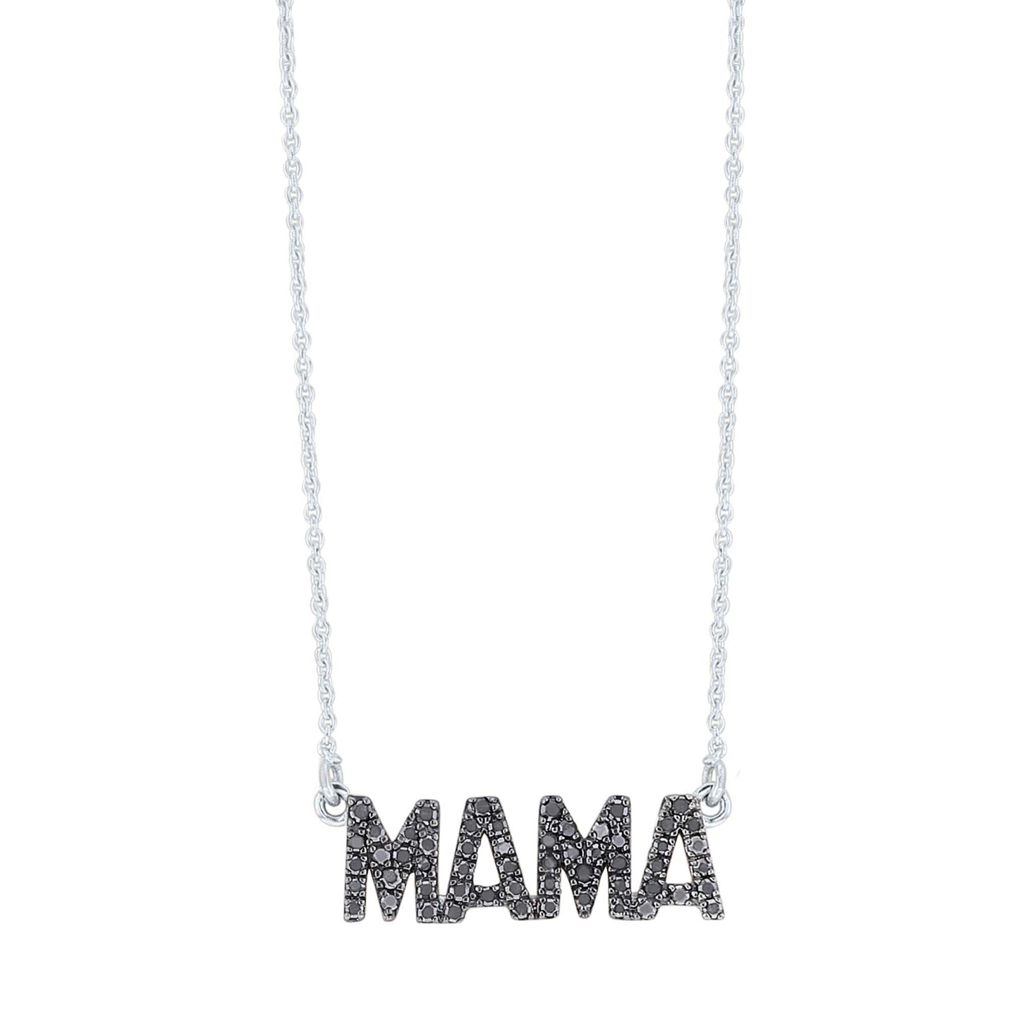 Silver Mama Block Letter Black Diamond Necklace