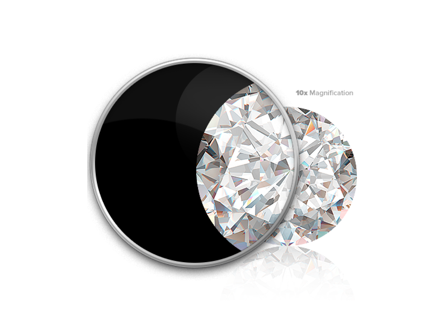 A diamond viewed to the naked eye compared to 10x magnification.