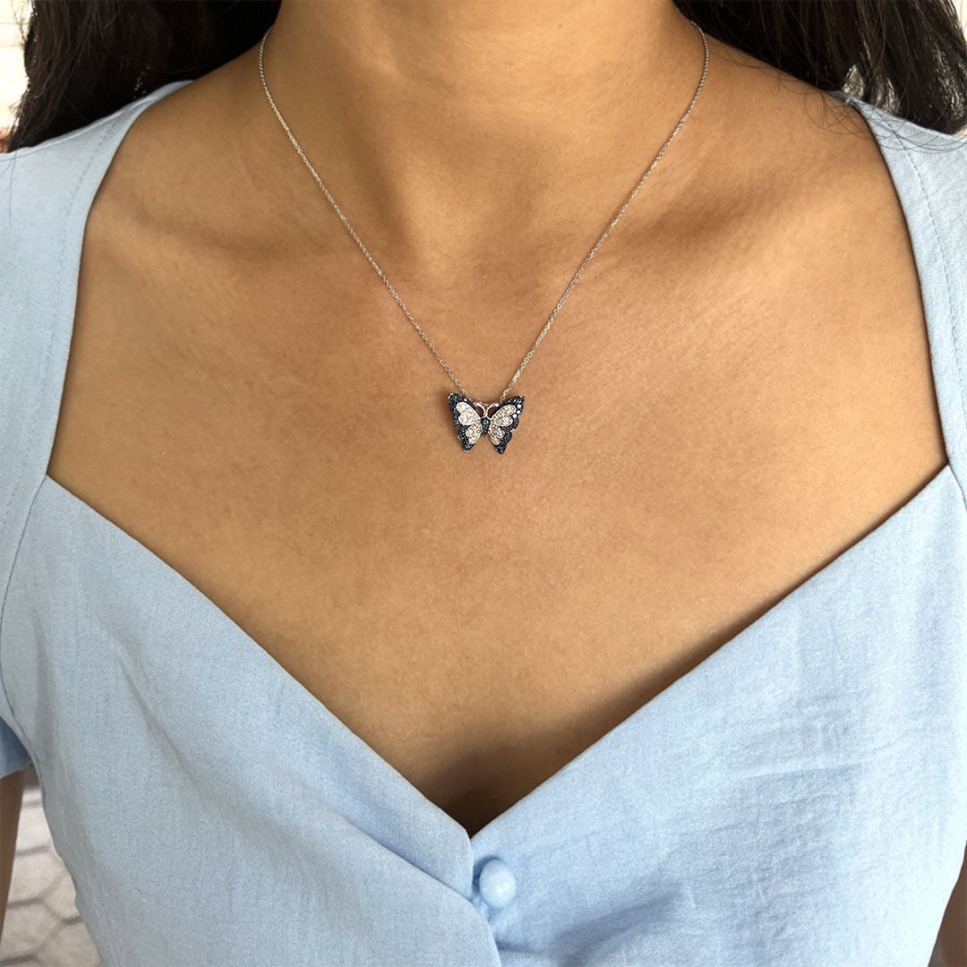 Silver Sky Blue Emperor Butterfly Diamond Necklace