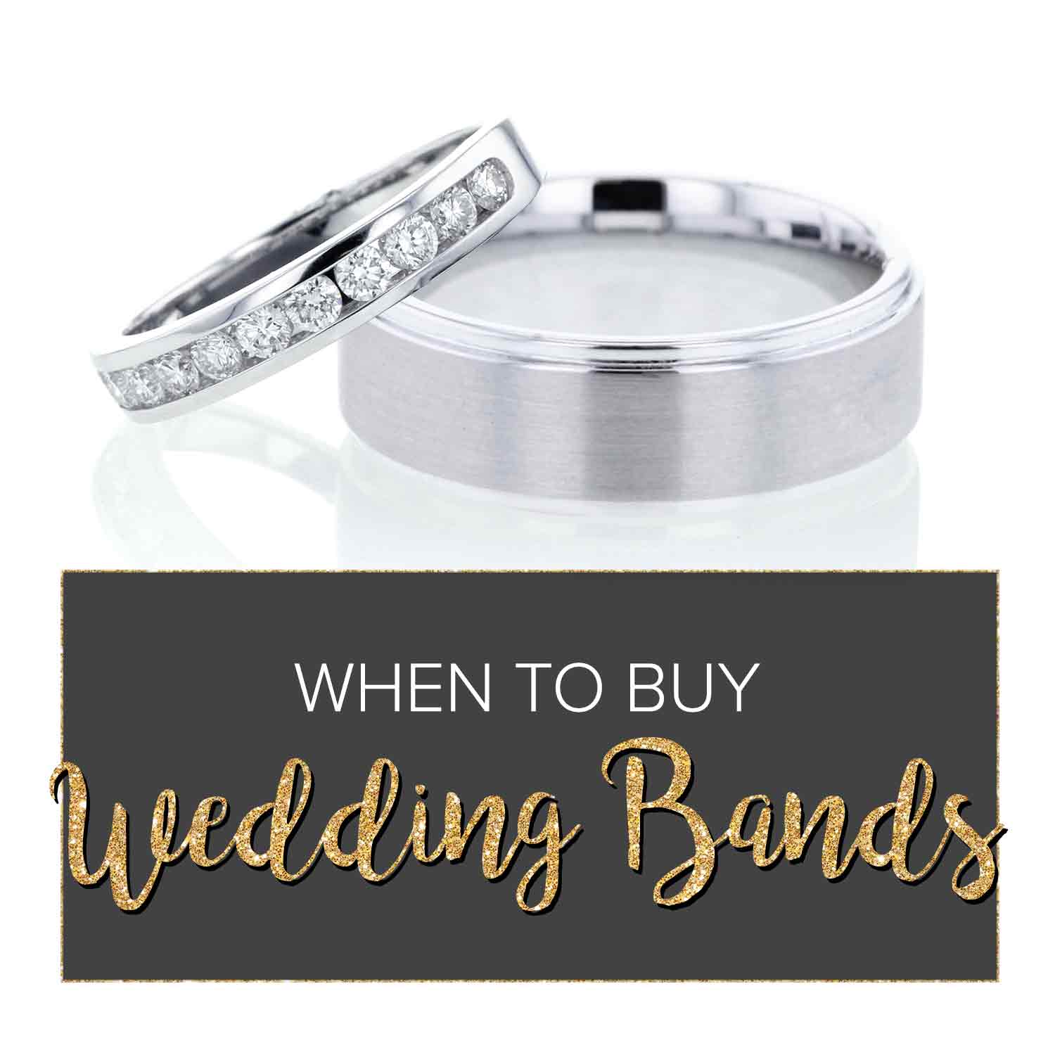 Two white gold wedding bands, one with diamonds, above the text "When to buy wedding bands."