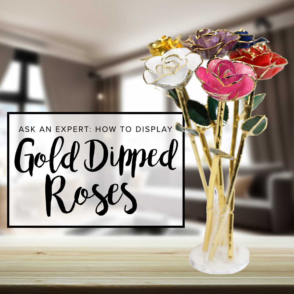 A couple laying together in the background of a bouquet of Steven's famous gold dipped roses.