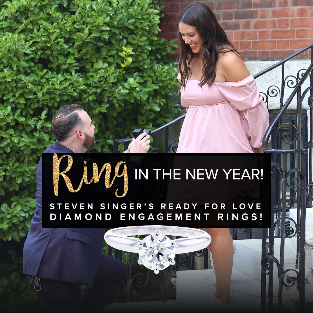 Ring in the New Year! Steven Singer's Ready for Love Diamond Engagement Rings. A man proposes to a woman. A one carat round diamond solitaire from Steven Singer Jewelers is pictured.