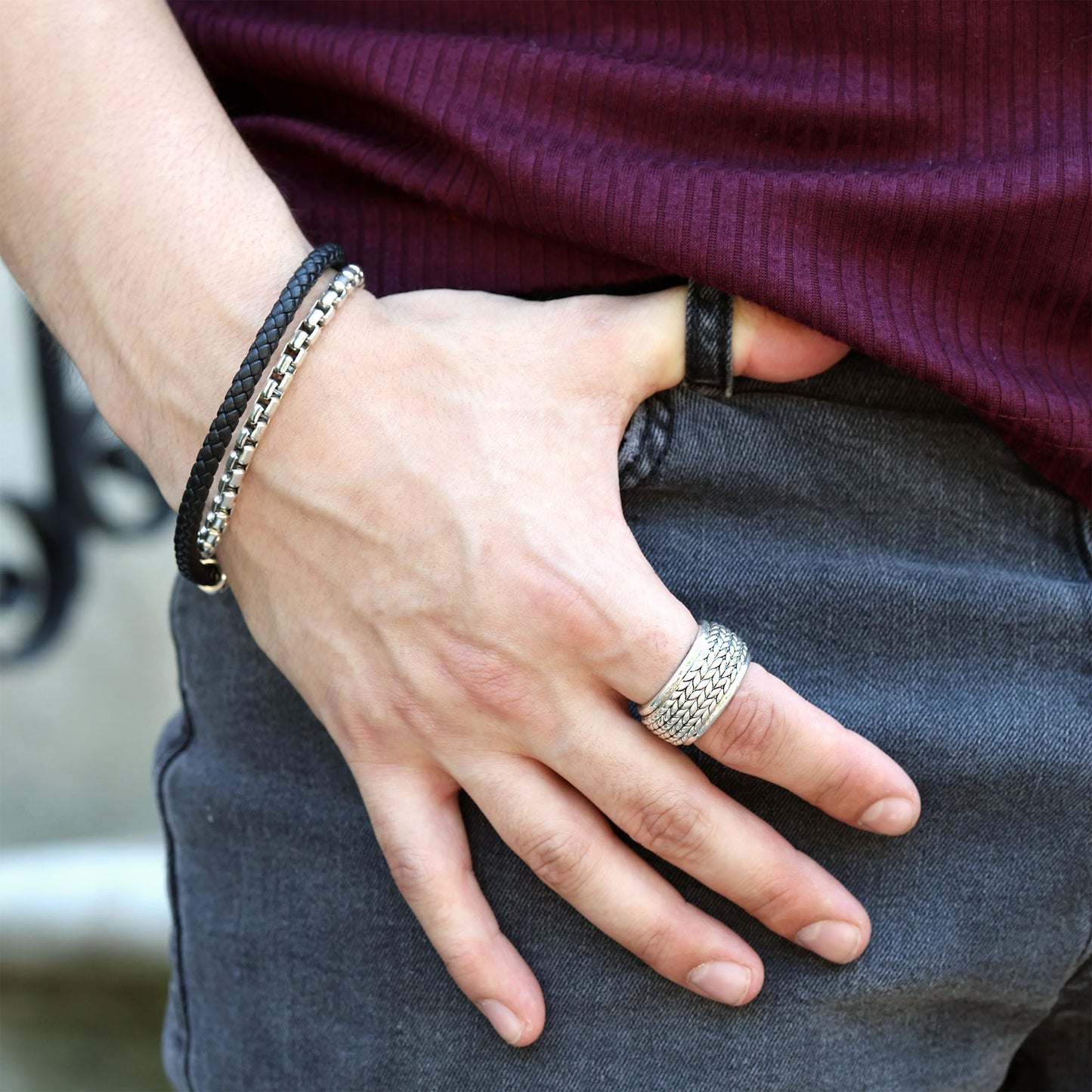 Calloway Silver & Black Leather Bracelet