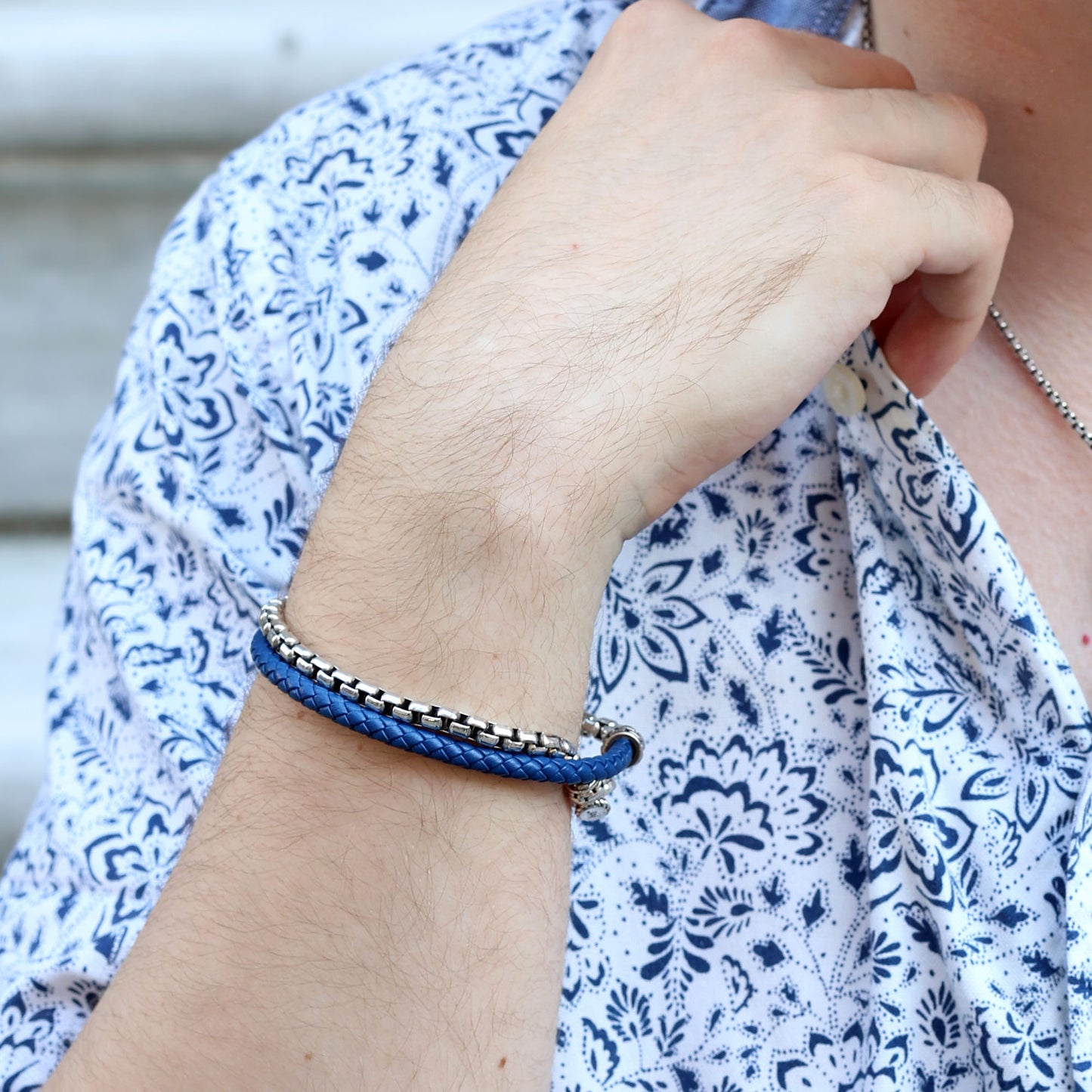 Calloway Silver & Blue Leather Bracelet