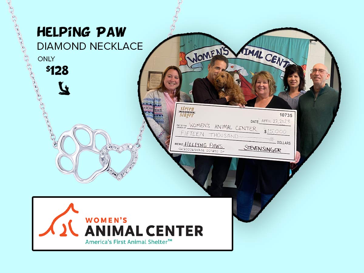 A heart with a picture in the middle of Steve Singer, Buddy Singer, and the people from the women's animal center holding a donation check from Steve.