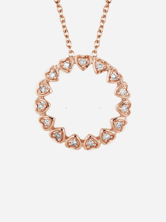 A gorgeous rose gold necklace with hearts going around in the shape of a circle.