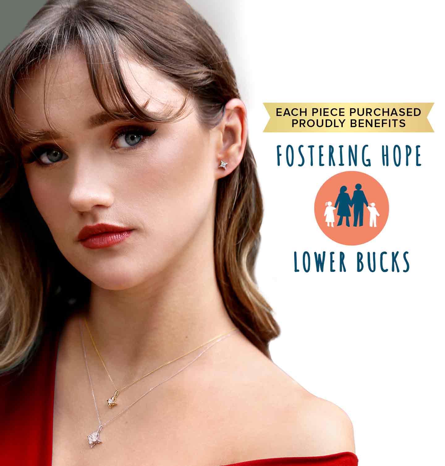 A woman wearing our Star of Hope Collection. A portion of proceeds are donating to Fostering Hope of Lower Bucks County.