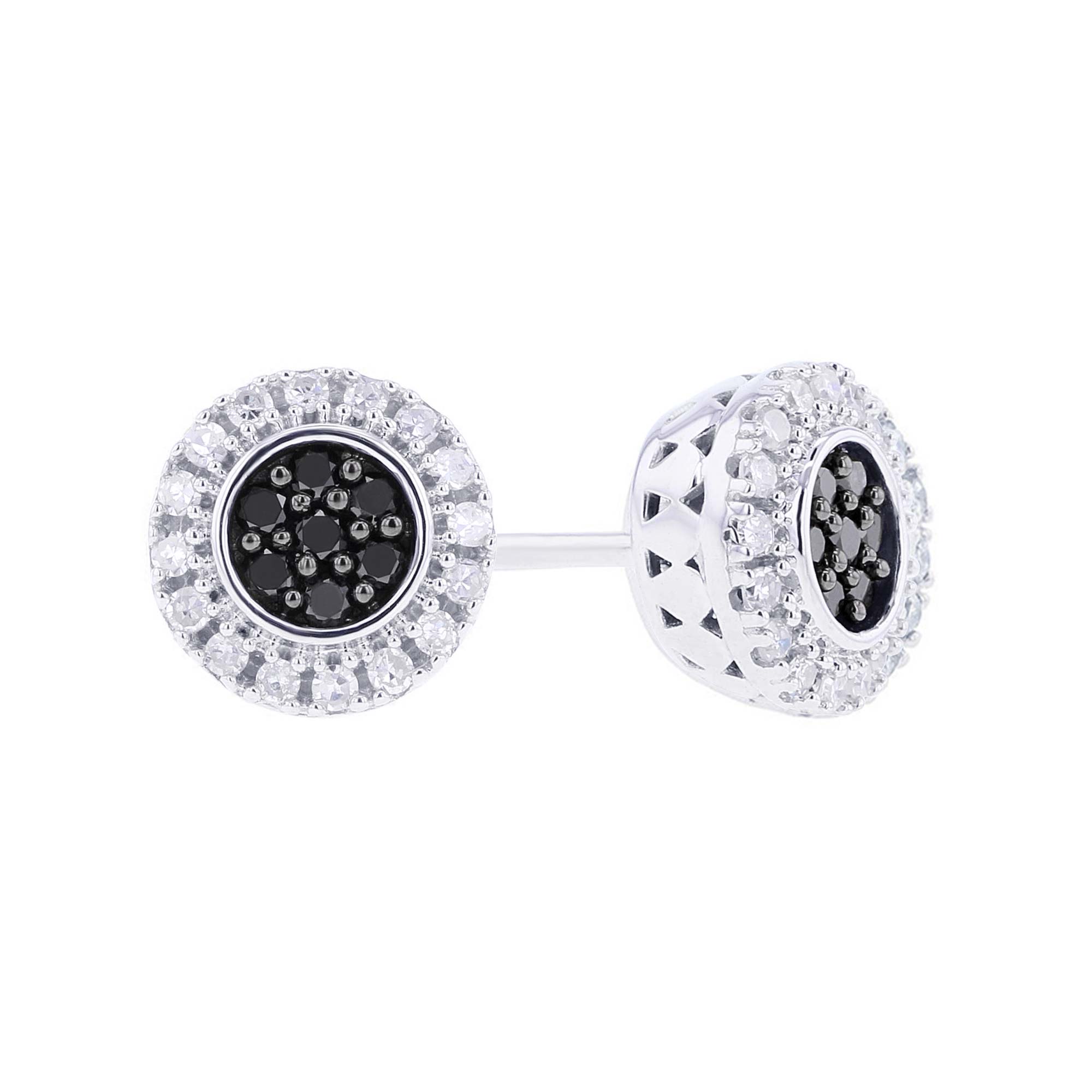 Silver Round Halo Black and White Diamond Earrings