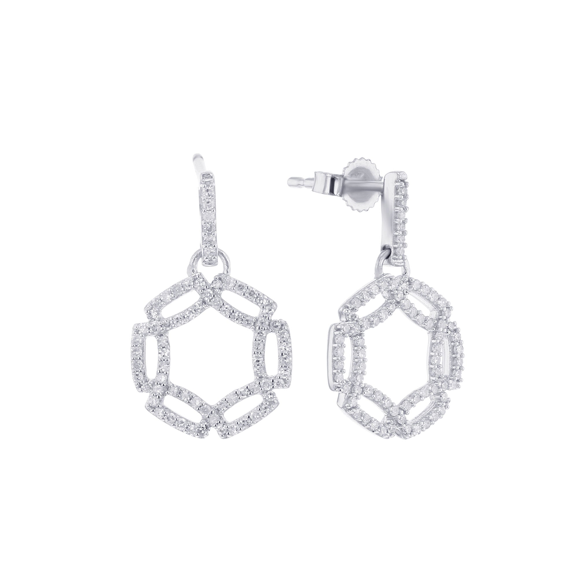 Silver Hexagonal Love Diamond Drop Earrings