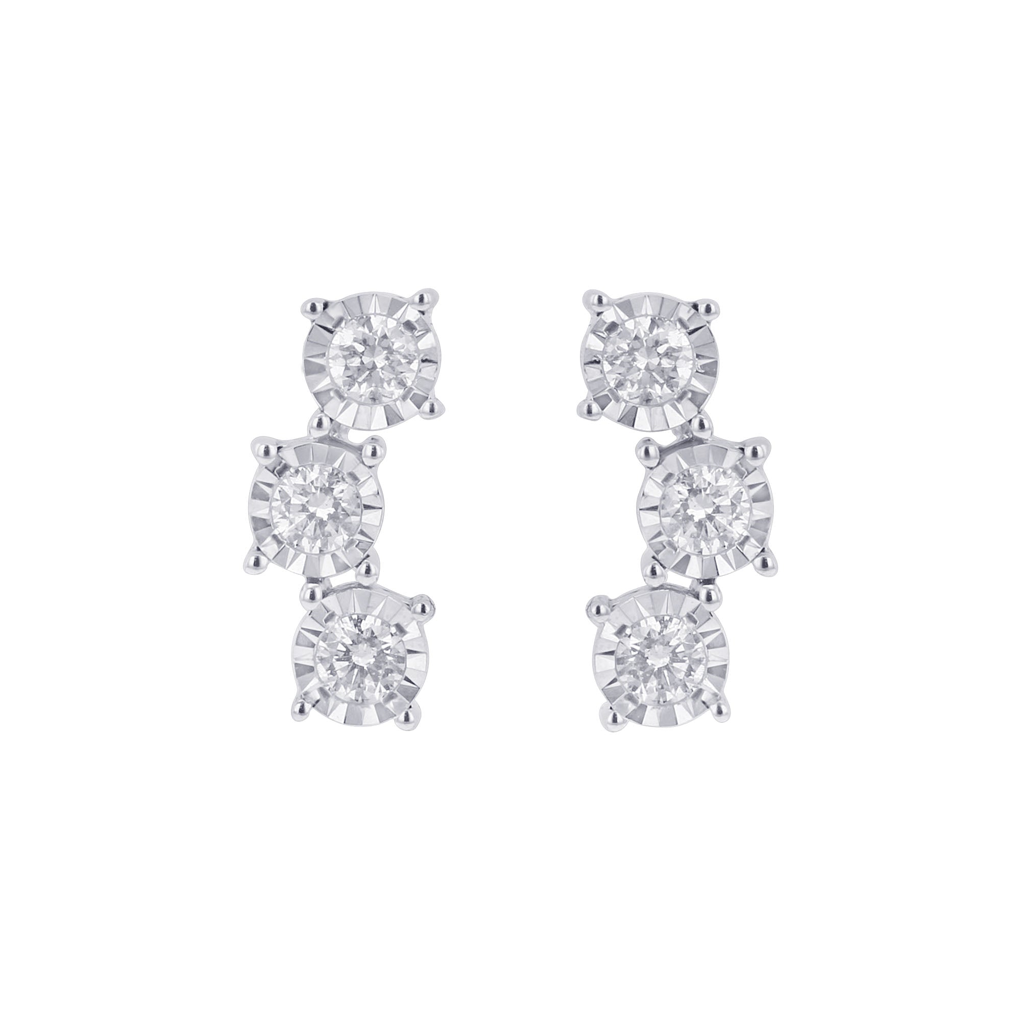Silver Mirage Cascading Three Stone Diamond Drop Earrings