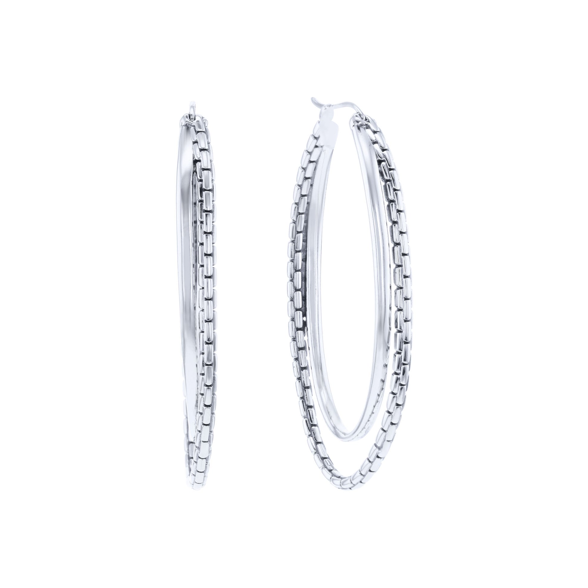 Silver Double Hoop Box Chain Earrings - Large