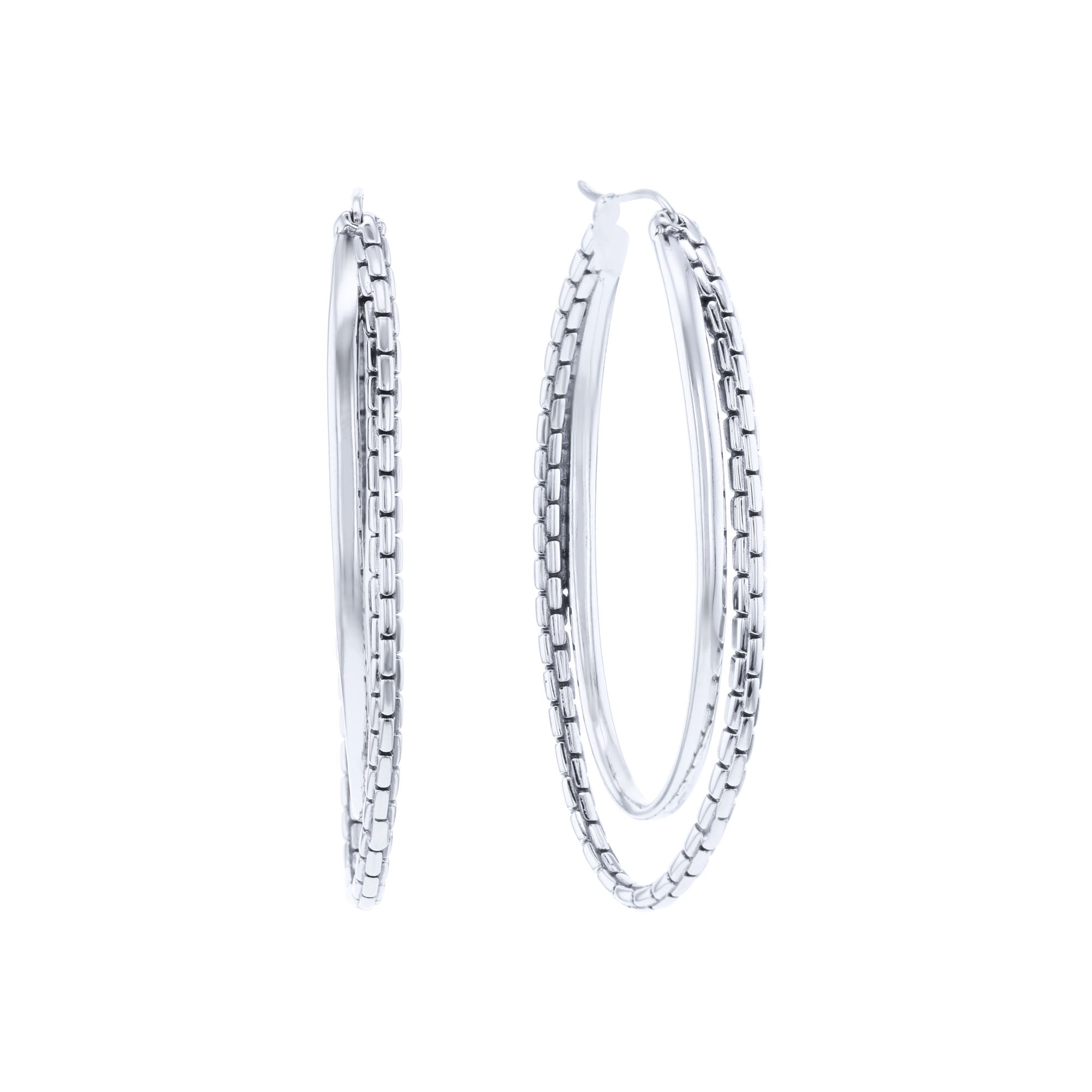 Silver Double Hoop Box Chain Earrings - Large