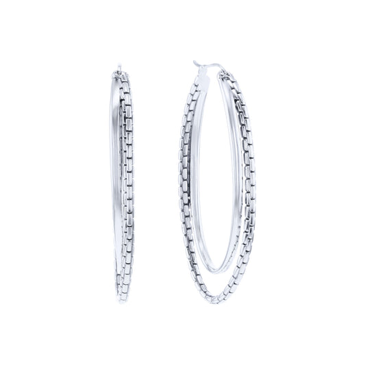 Silver Double Hoop Box Chain Earrings - Large