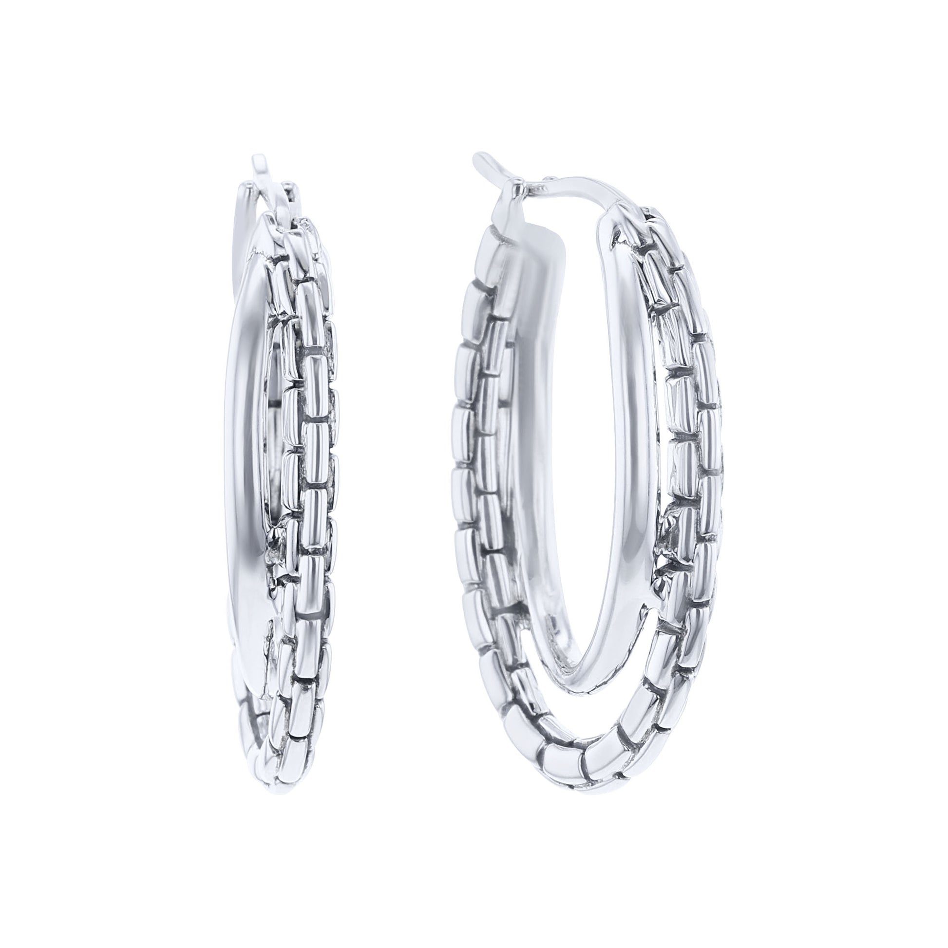 Silver Double Hoop Box Chain Earrings - Small