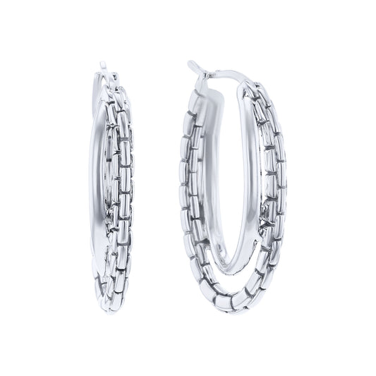 Silver Double Hoop Box Chain Earrings - Small