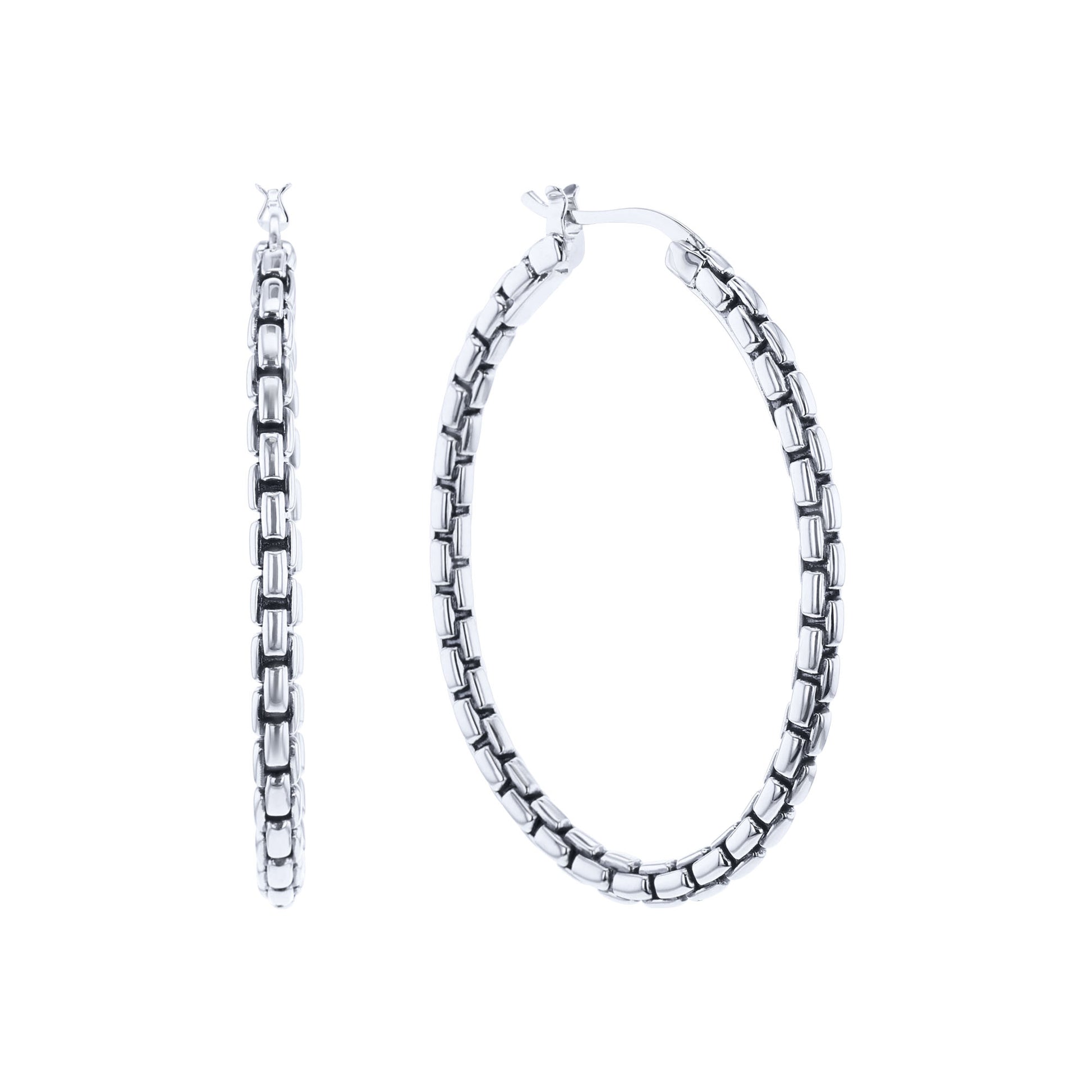 Silver Box Chain Hoop Earrings - Large
