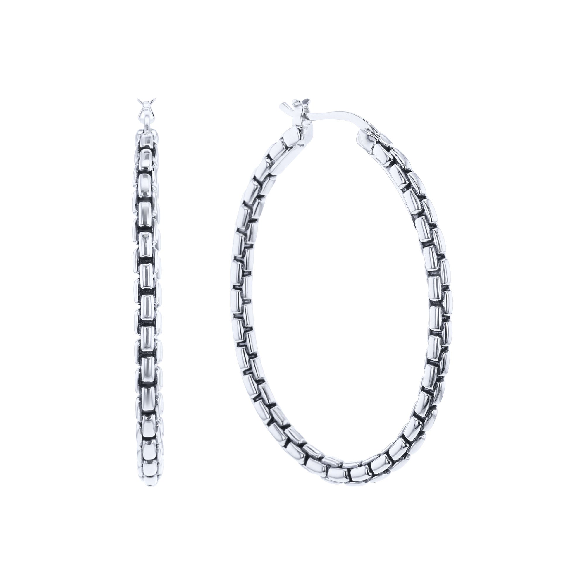 Silver Box Chain Hoop Earrings - Large