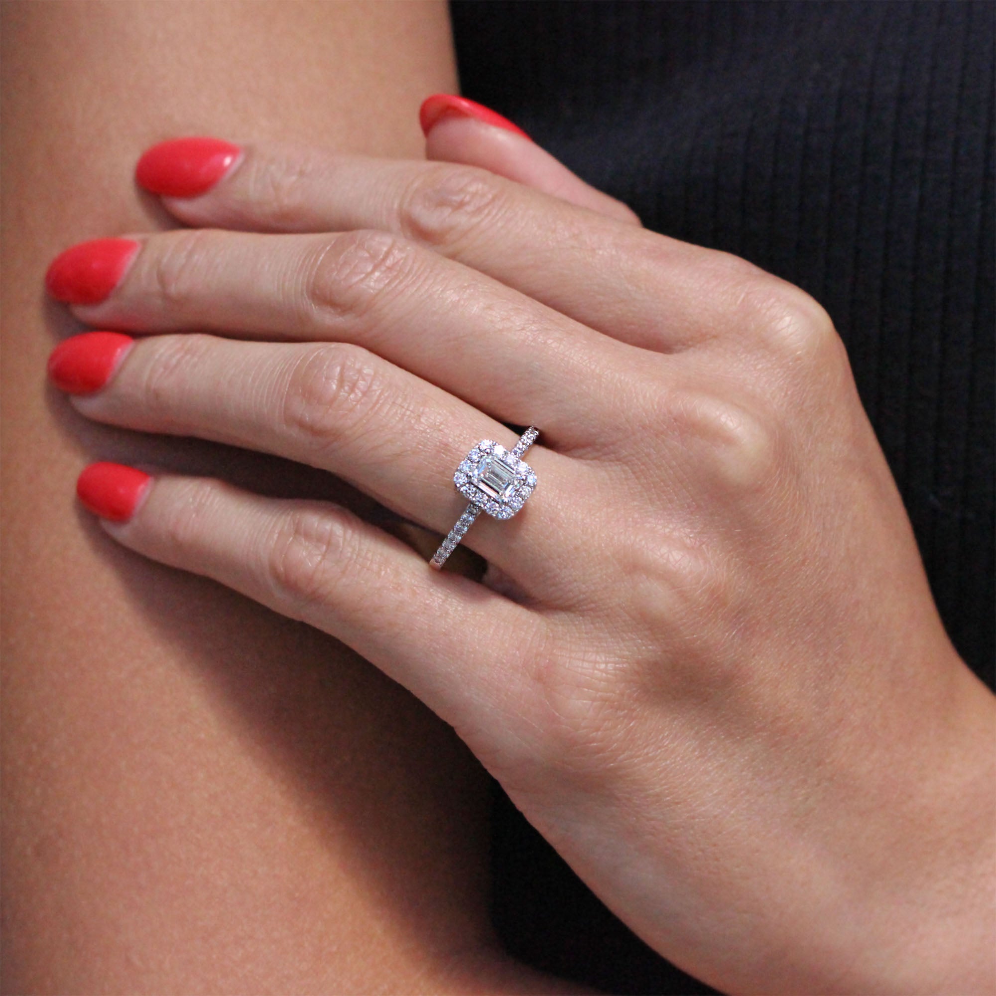 Carly Emerald Cut Halo 3/4ct Ready for Love Diamond Engagement Ring