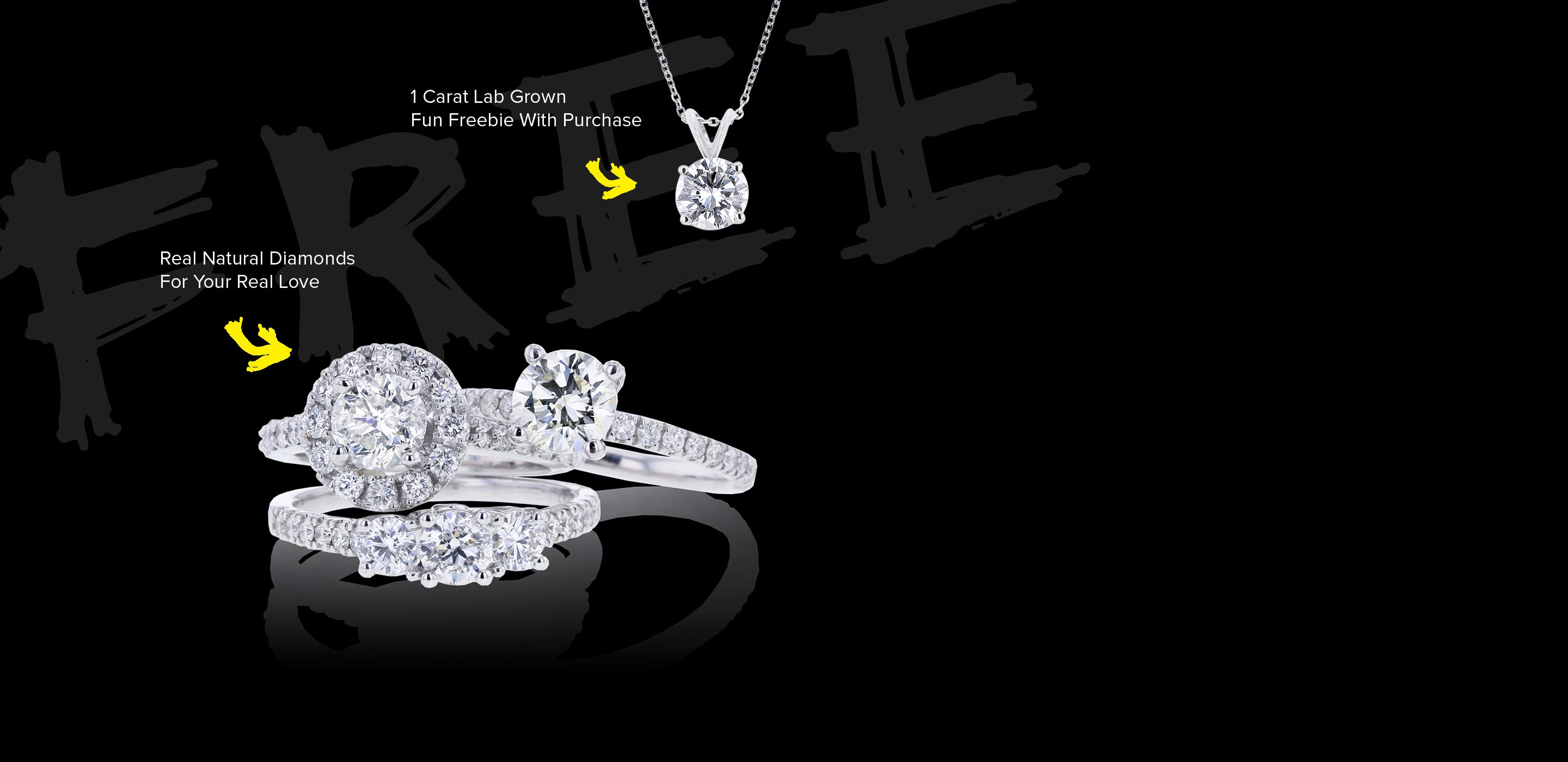 A picture of real natural diamond rings next to a lab grown diamond pendant.