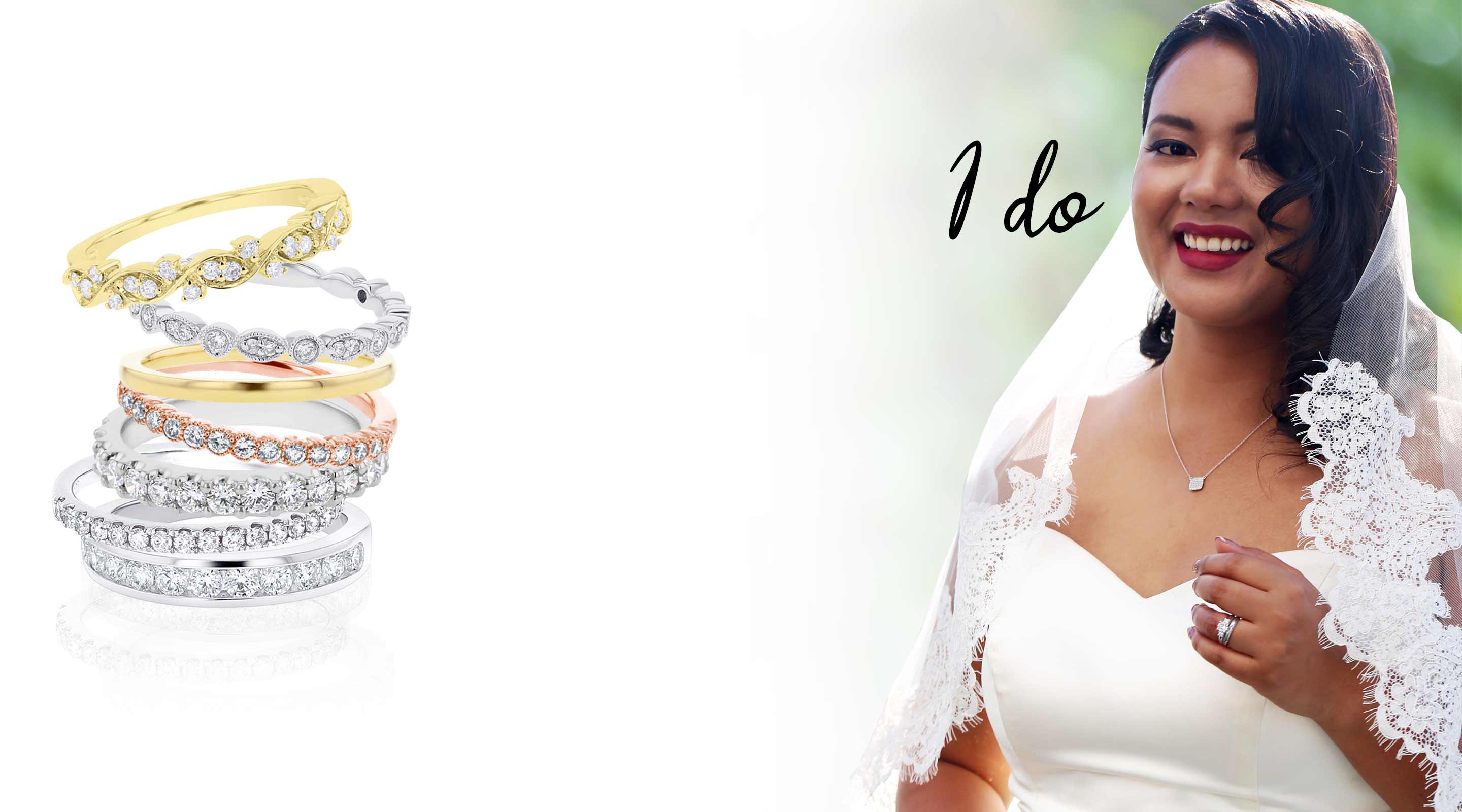A bride in a white dress and a stack of a variety of styles of women's wedding bands.