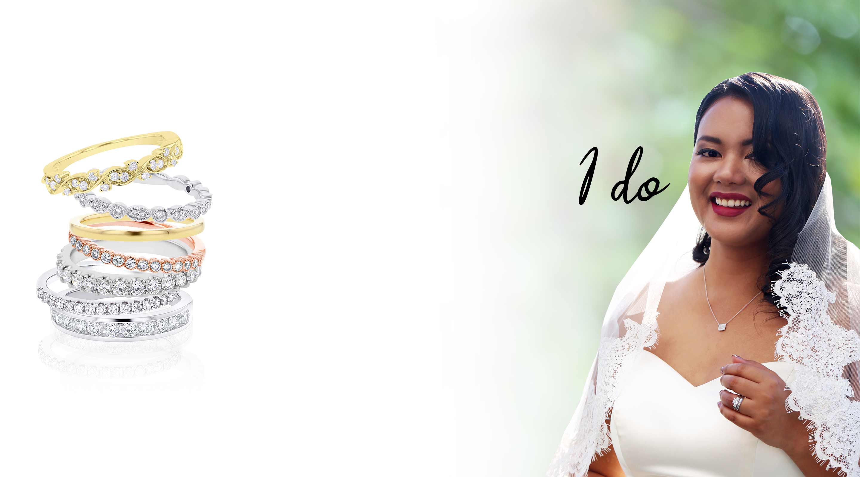 A smiling bride on her wedding day with featured diamond wedding band product shots.