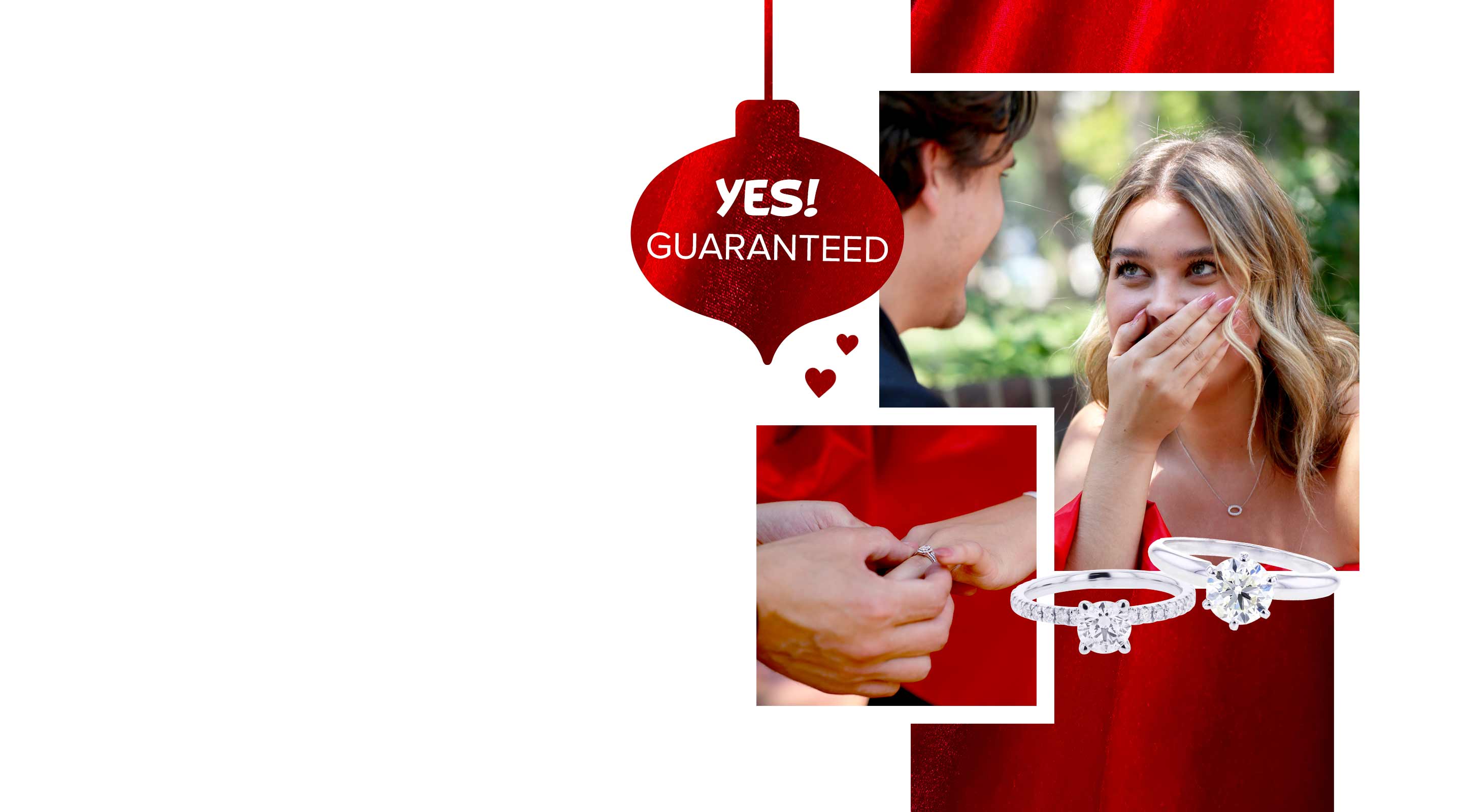 A surprised women in red getting engaged featuring two classic engagement ring styles.