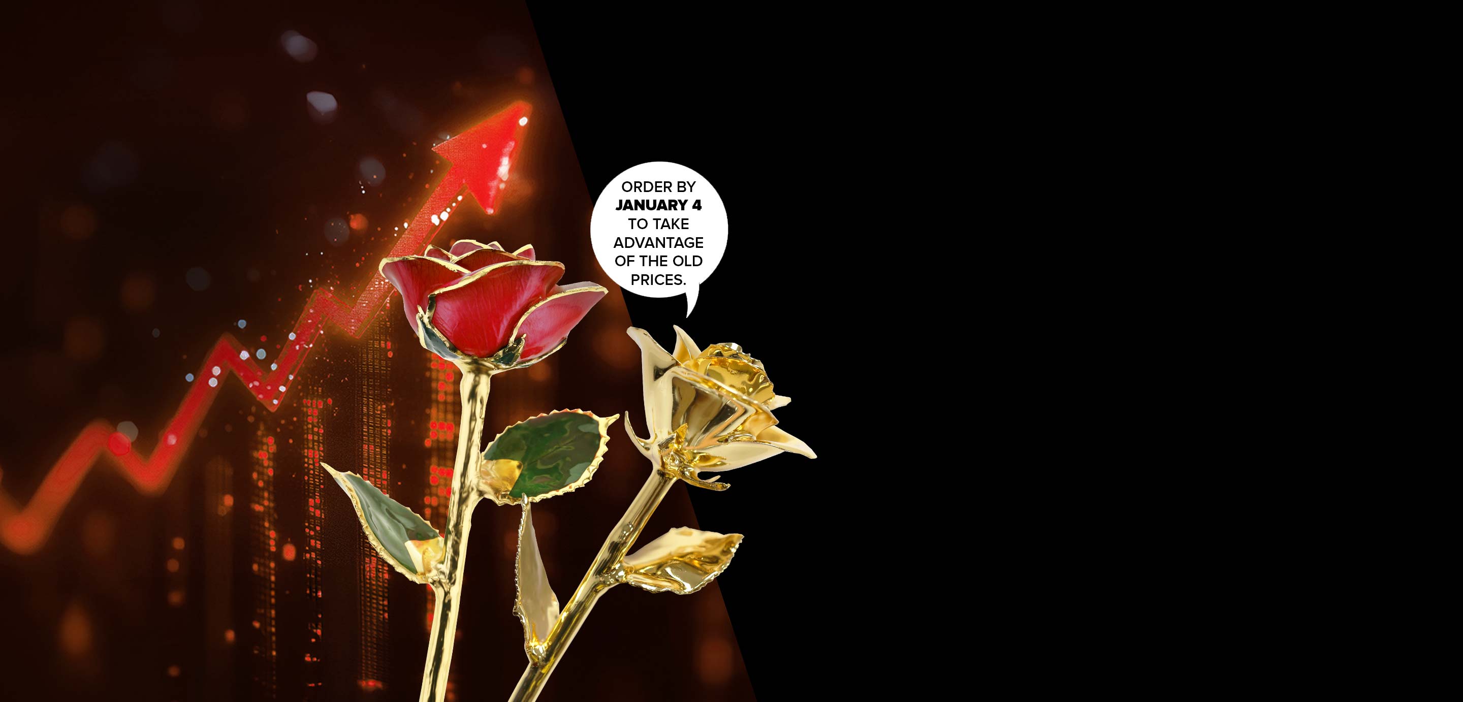 Our classic red and yellow 24 Karat Gold Dipped Roses price will be increasing due to gold prices being at an all-time-high. Lock in our current prices today.