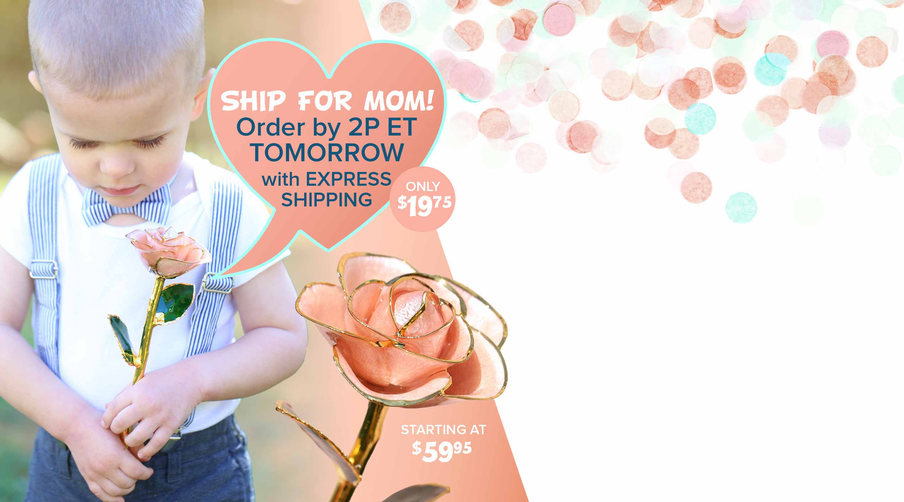 A son looking down at our I Love You Blush 24 Karat Gold Dipped Rose that still ships in time with express shipping for Mother's Day!