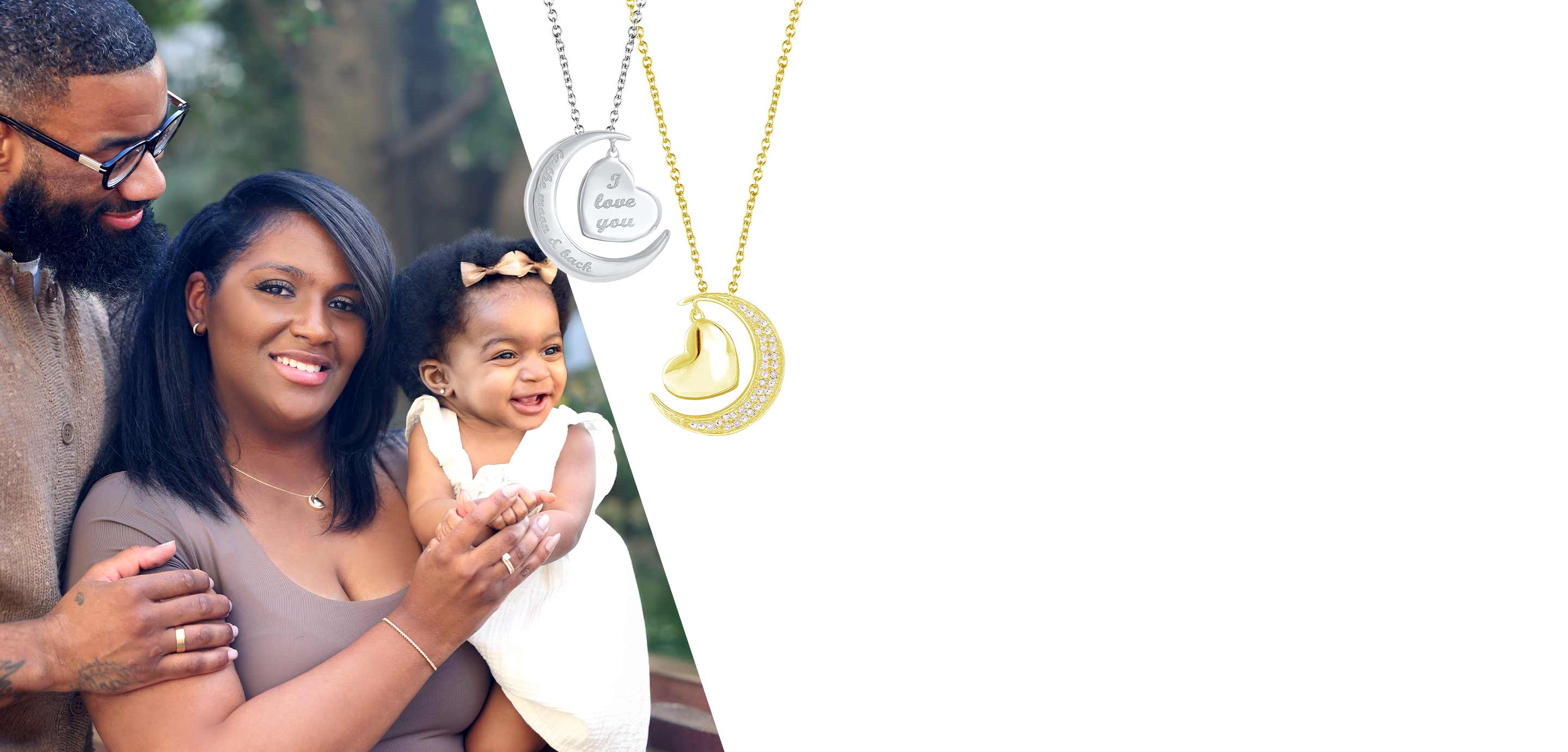 A married couple with their child and product shots of our sterling silver and 14 karat yellow gold Moon and Back Diamond Necklaces.
