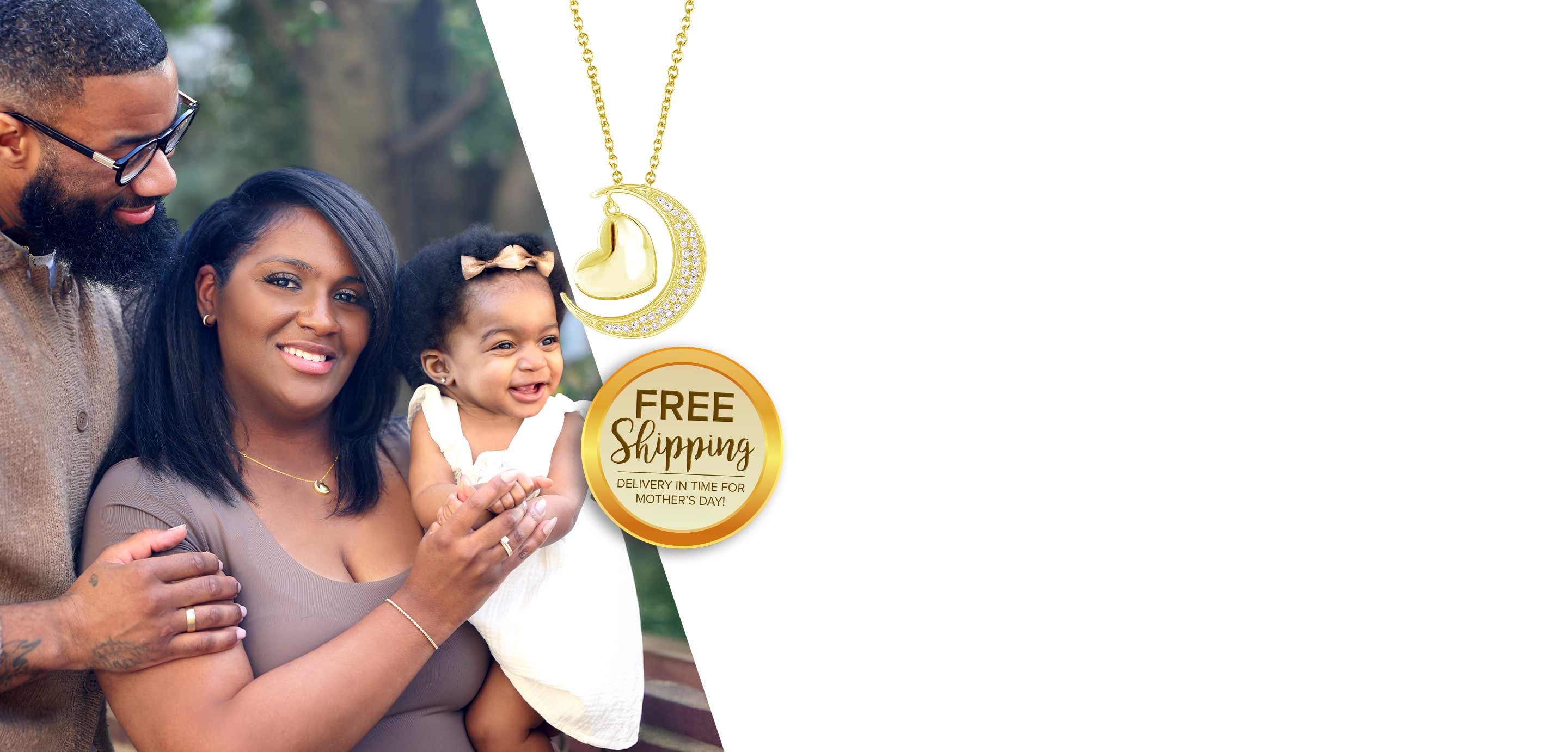 A married couple with their child and product shots of our sterling silver and 14 karat yellow gold Moon and Back Diamond Necklaces.