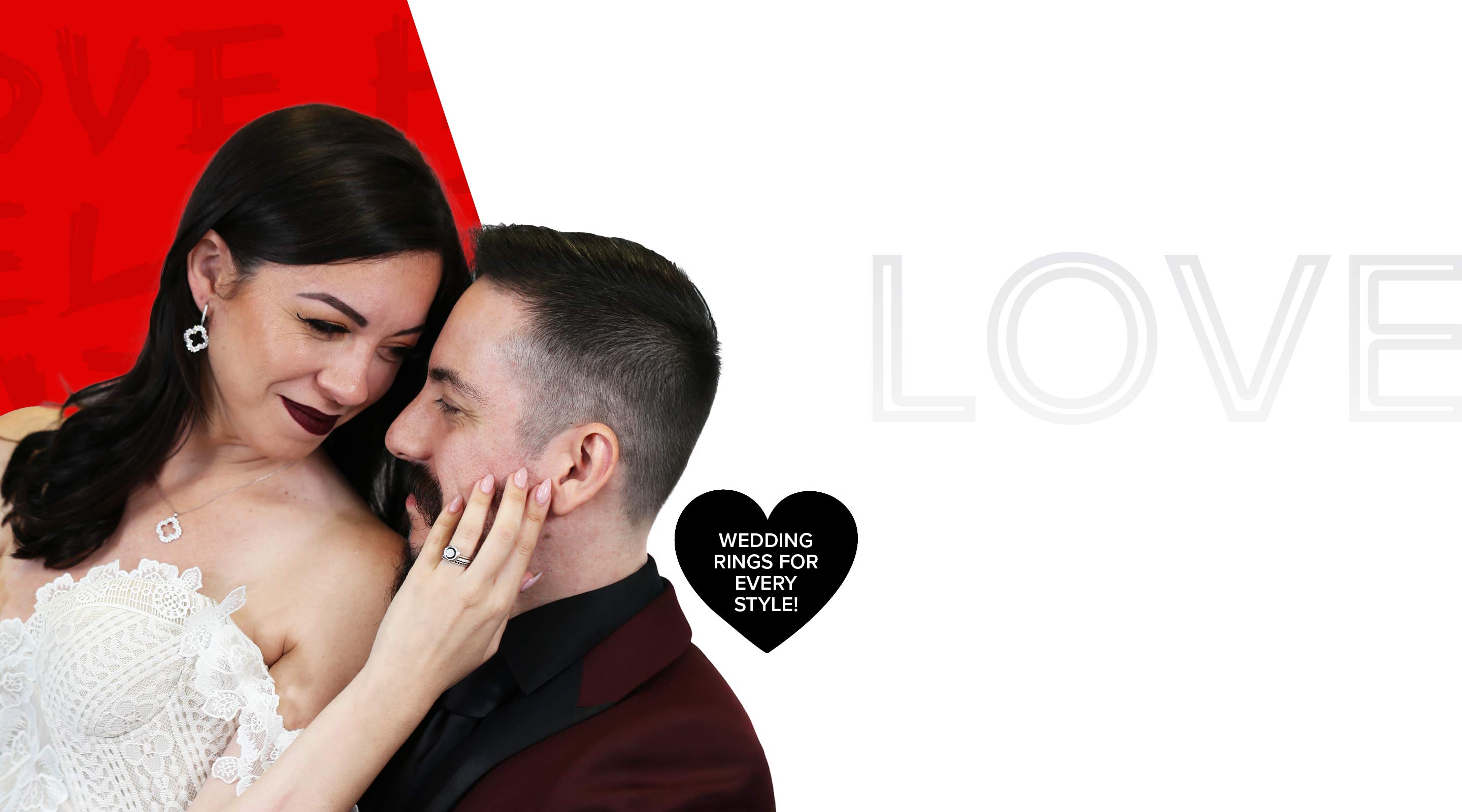 A couple smiling at one another with 'LOVE' text and wedding rings graphic on a red and white background.