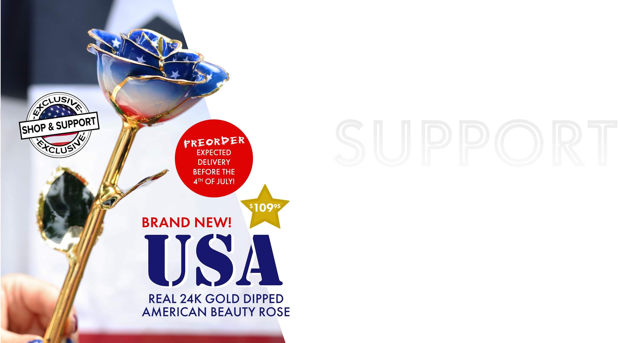 Decorative rose with gold and blue accents on a white background with promotional text.