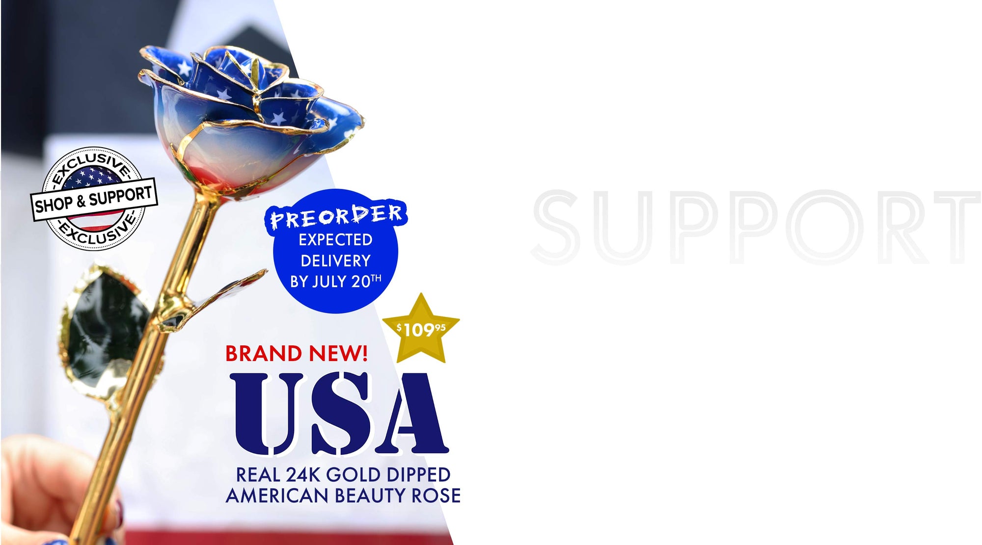 Decorative Independence Day rose with gold and blue accents on a white background with promotional text.