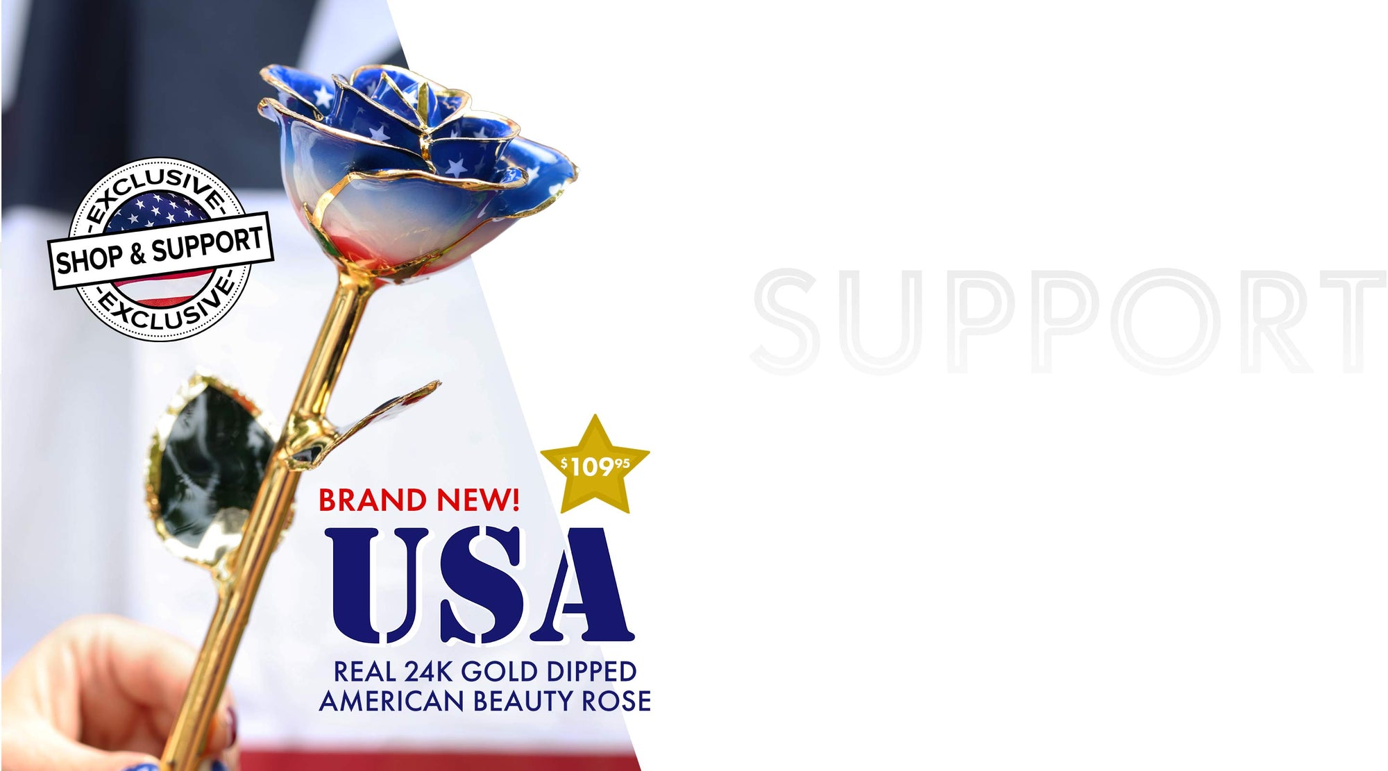 Decorative Independence Day rose with gold and blue accents on a white background with promotional text.