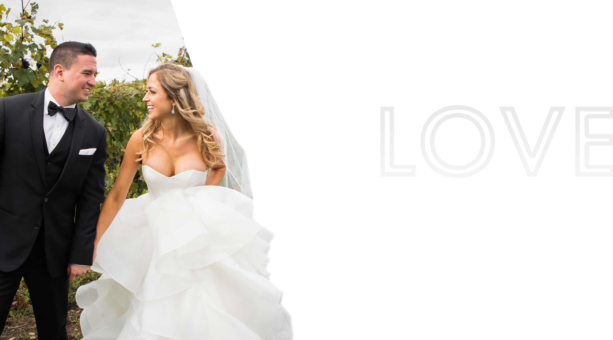 Wedding couple standing close together with 'LOVE' text overlay.