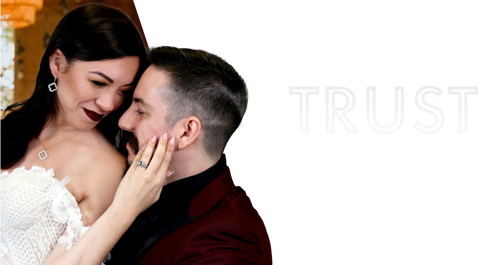 Man and woman in formal attire with 'TRUST' text overlay.