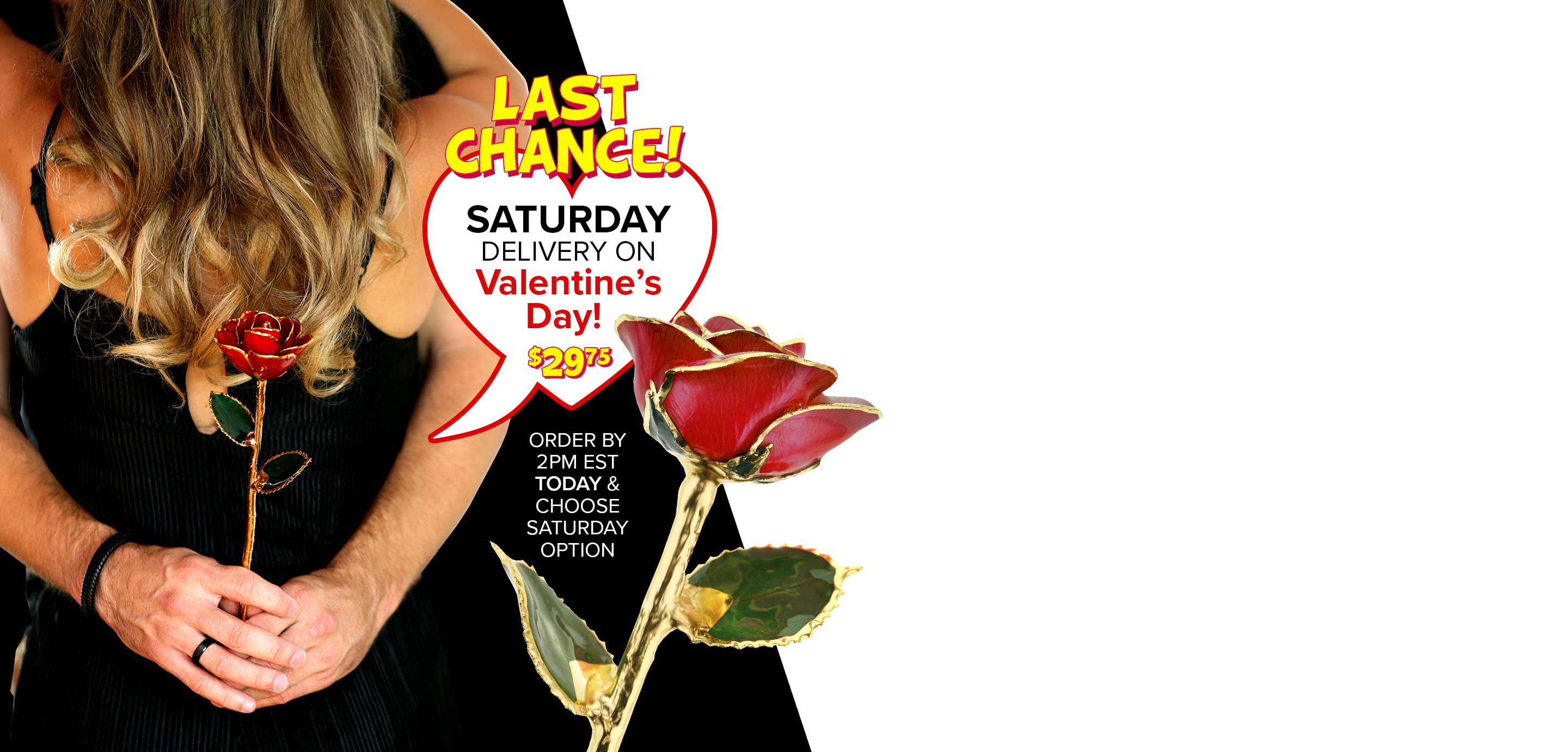 A man hugging a woman holding a red 24 Karat Gold Dipped Rose behind her back and promotional messaging for express shipping.