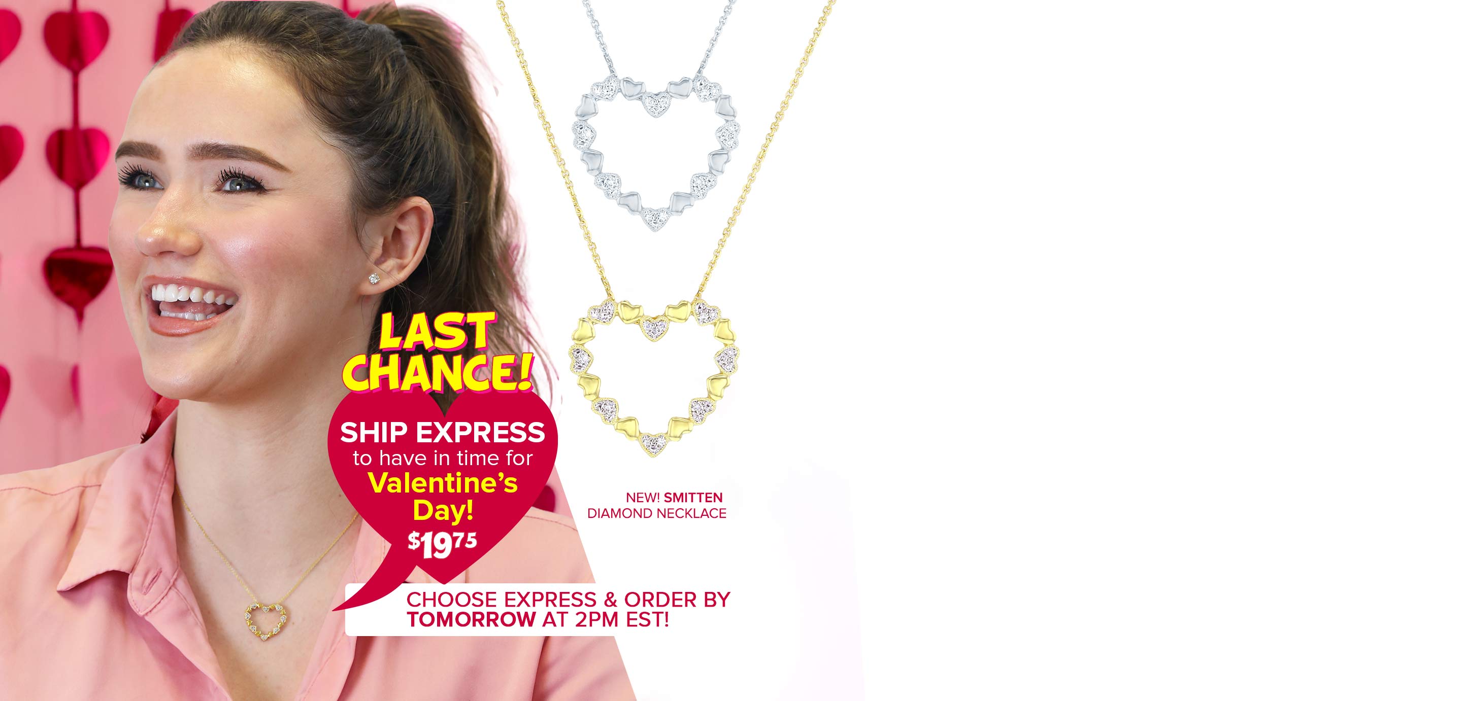 Woman wearing a necklace with heart-shaped pendants on a background for Valentine's Day.