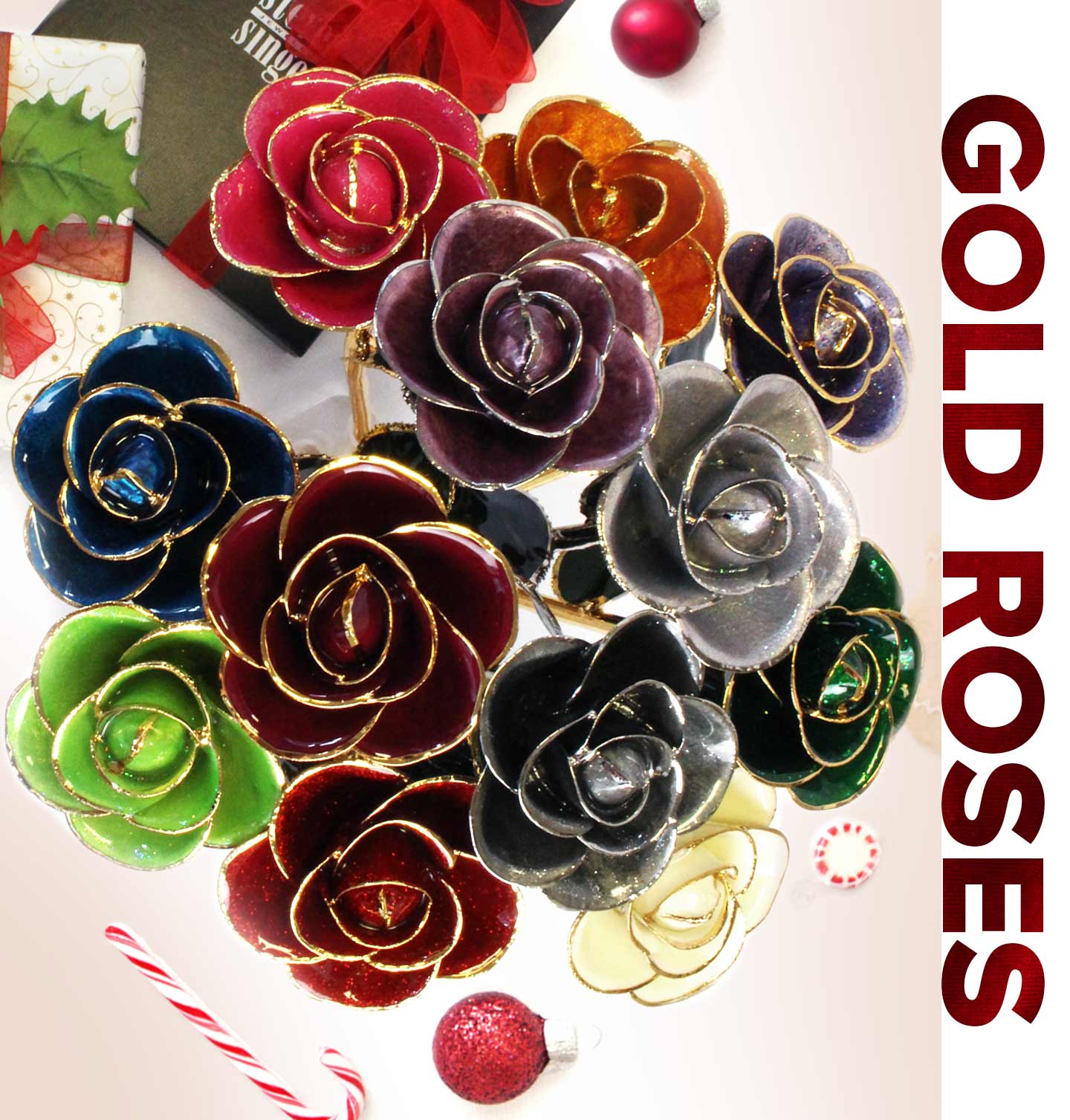 A multi-color bouquet of our famous 24 Karat Gold Dipped Roses.