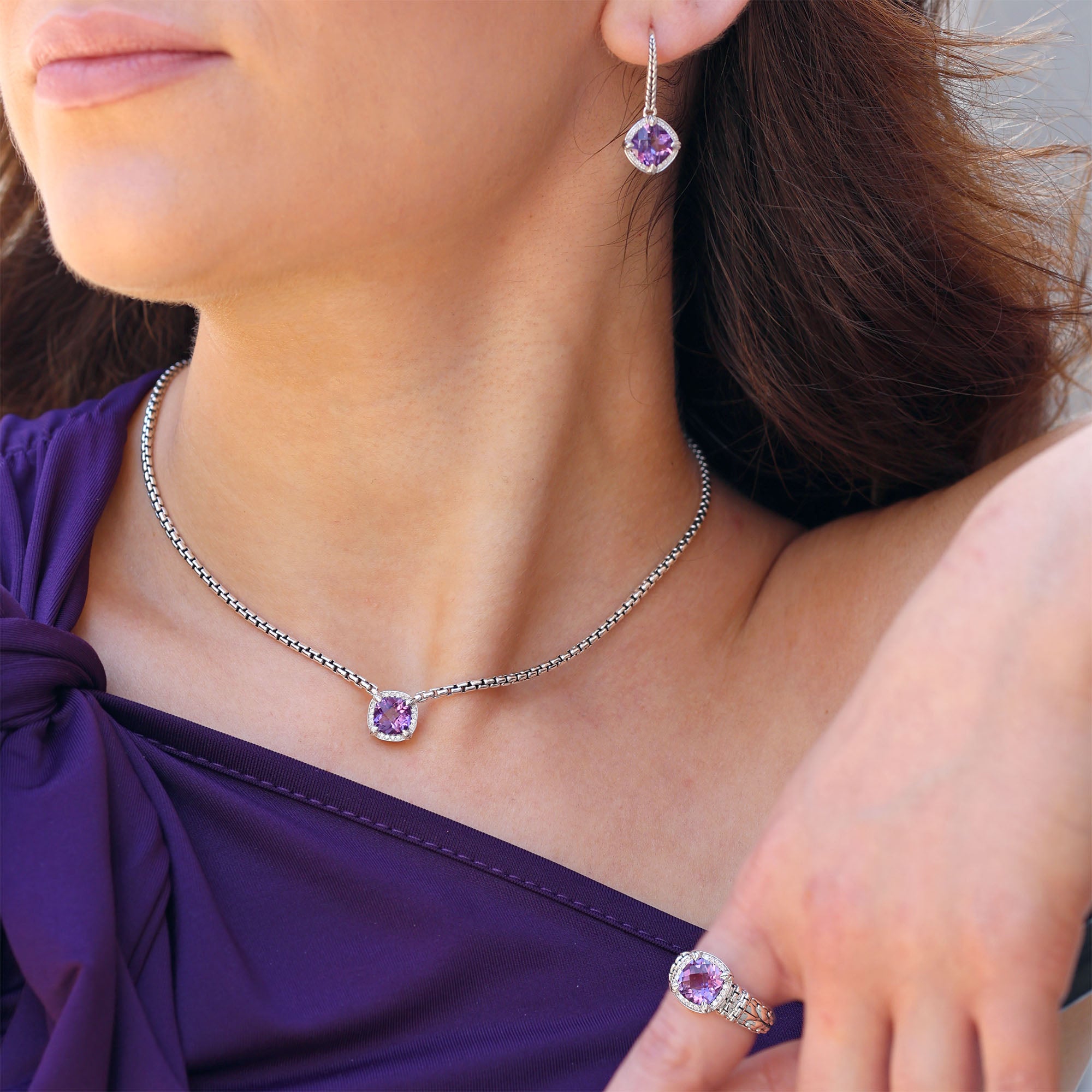 Silver Aelin Amethyst & Diamond Drop Earrings