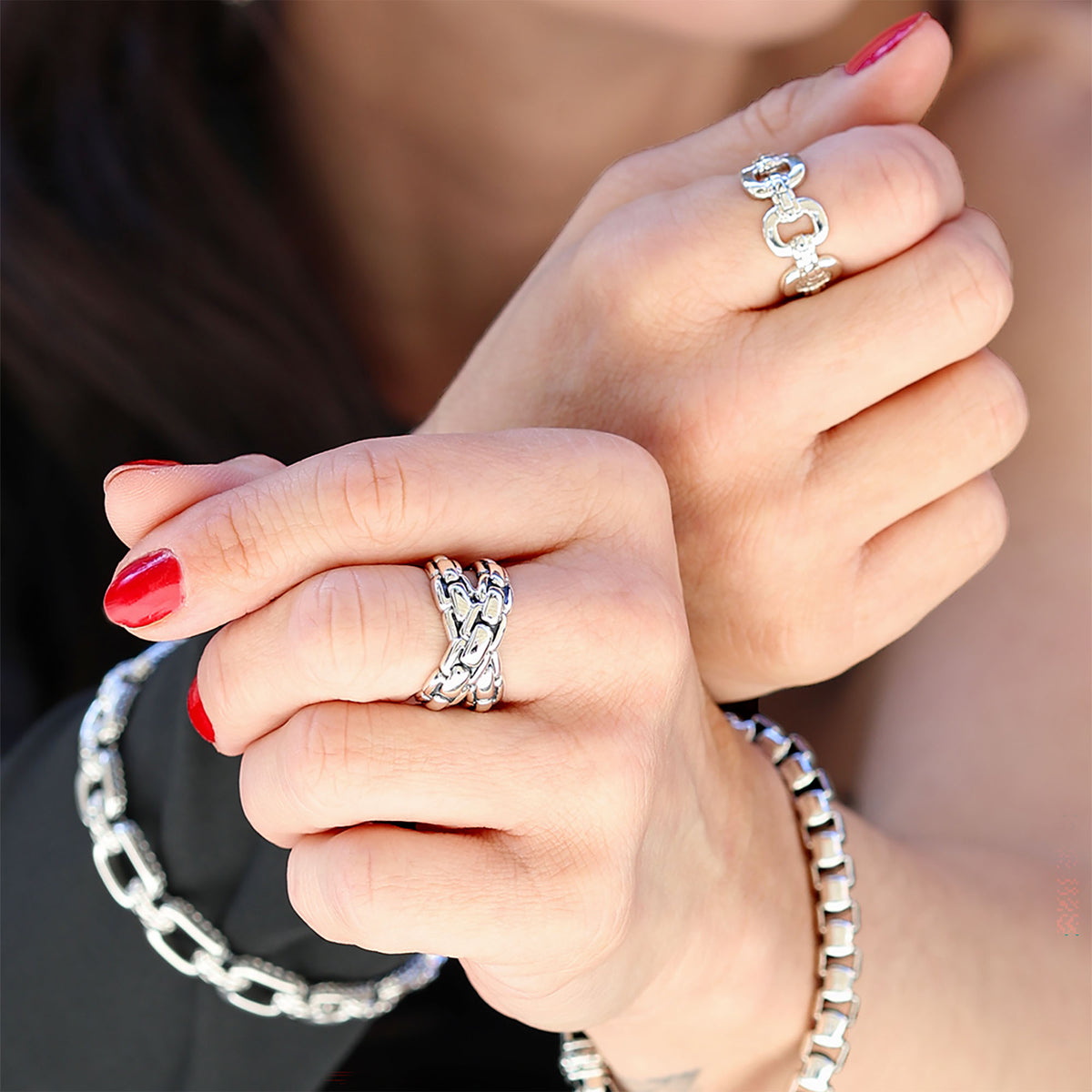 Silver Crossed Box Chain Ring