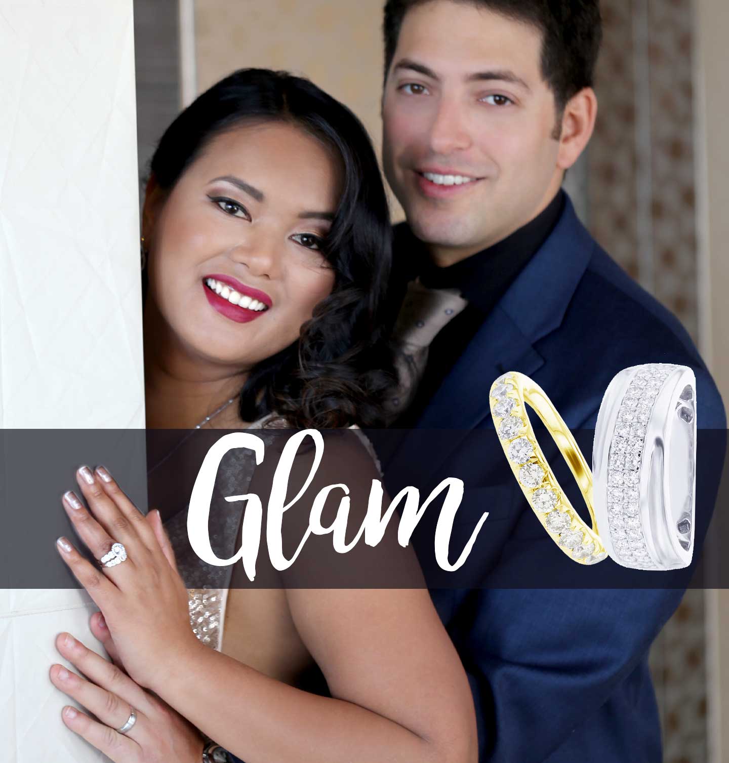 A beautiful couple wearing statement bridal jewelry.