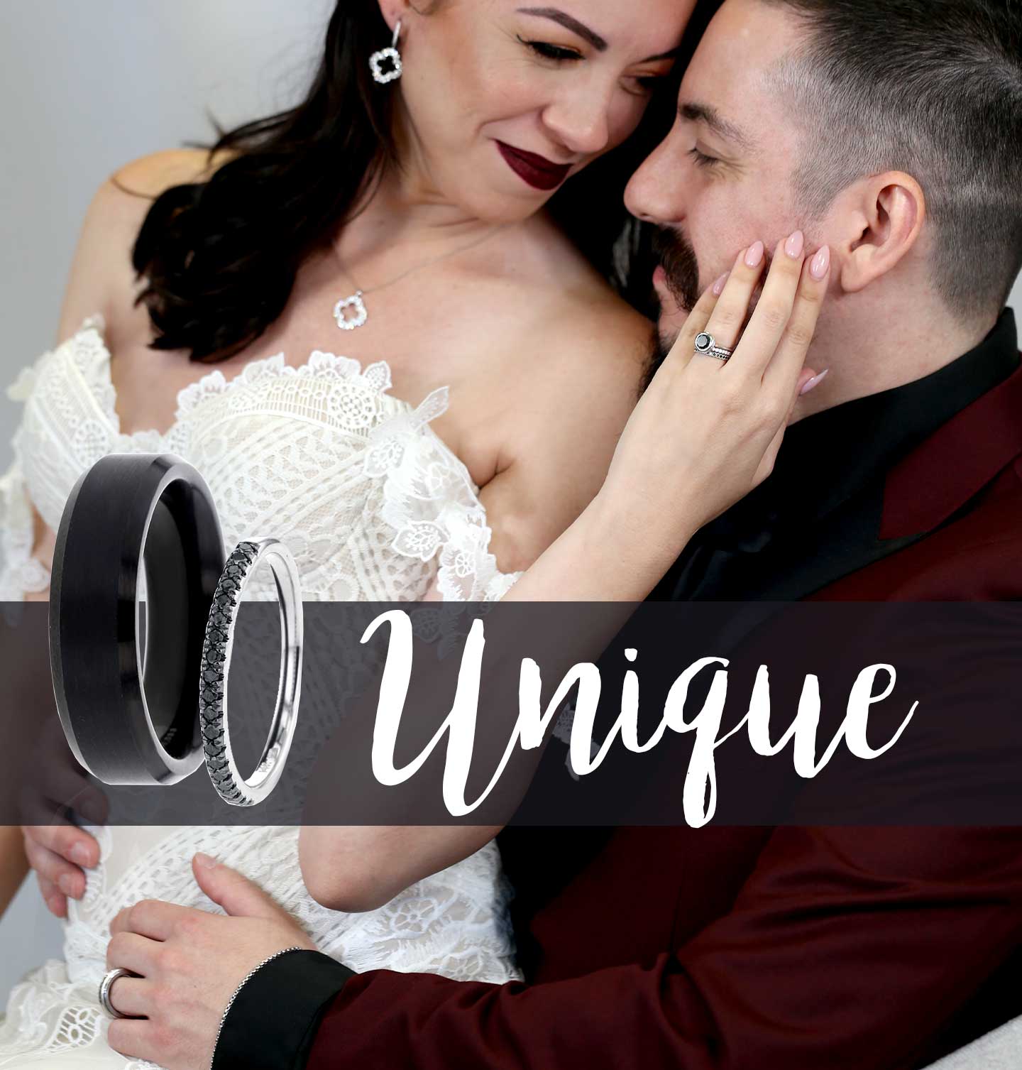 An edgy couple wearing beautiful and distinctive wedding sets and wedding day jewelry.