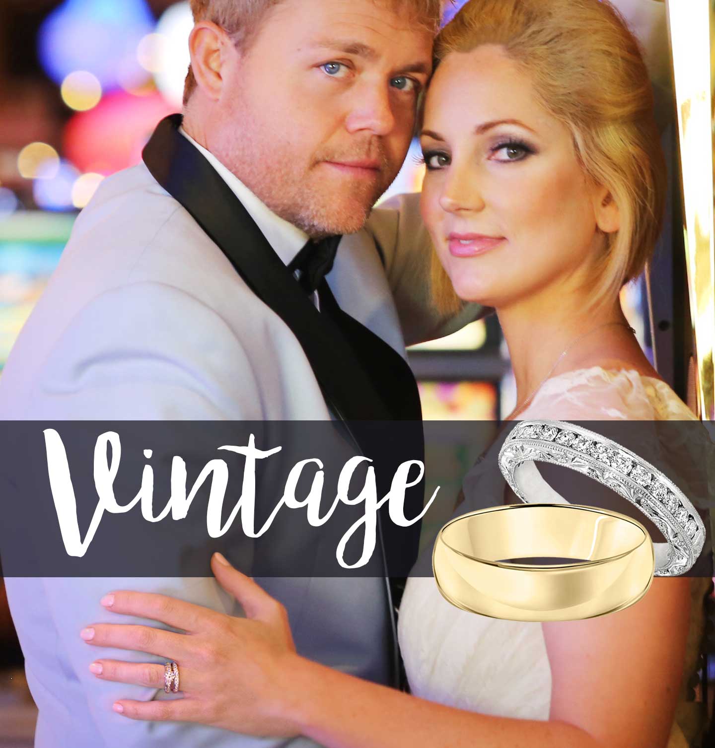 A romantic couple wearing vintage wedding sets on their wedding day.