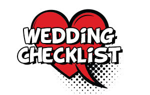 A heart shaped word bubble with the words "Wedding Checklist" in the middle.